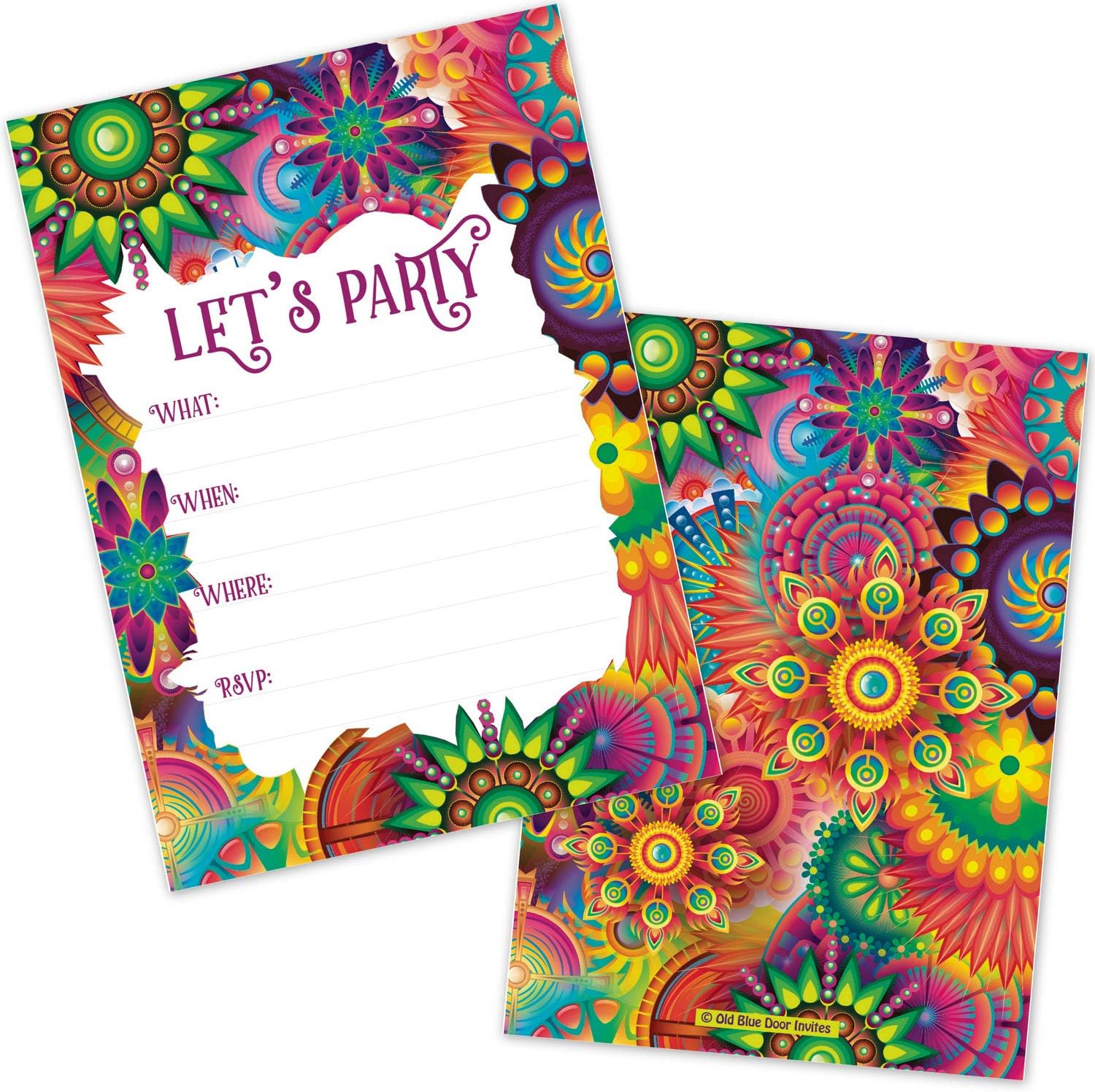 Old Blue Door Invites Colorful Hippie Flowers All Occasion Invitations (20 Count with Envelopes) - Kids or Adults Birthday, Disco, 70's or 80's Party, Baby Shower, Retirement Party Invite