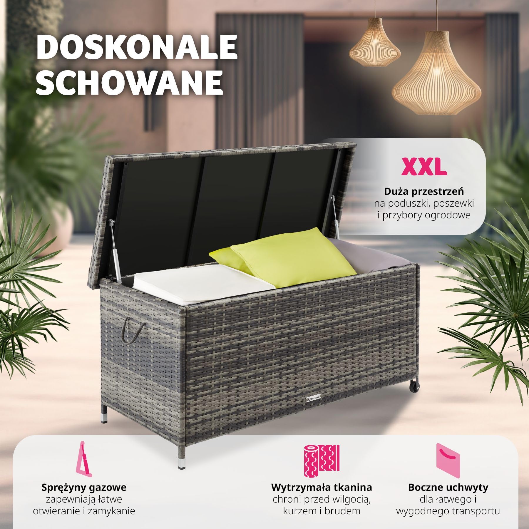 tectake® Uniwersalna Skrzynia Ogrodowa, Duża Pojemność 297l, 117x54x64cm, Trwała Plecionka z Polirattanu, Wytrzymała Rama z Aluminium, Wzmocniona Pokrywa z Systemem Sprężyny Gazowej (Szary)