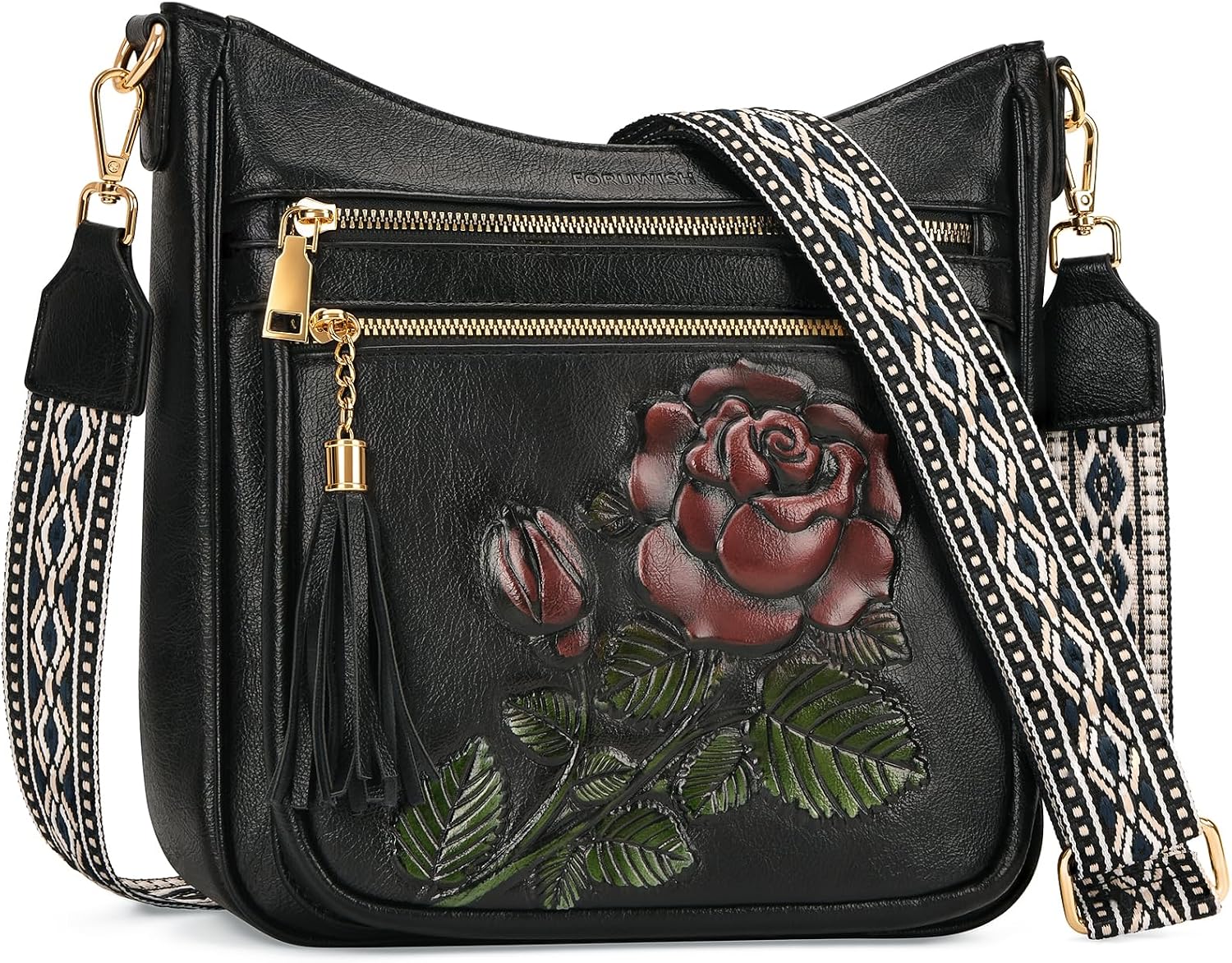 Vegan Leather Crossbody Bags for Women, Embossed Rose Floral Purse