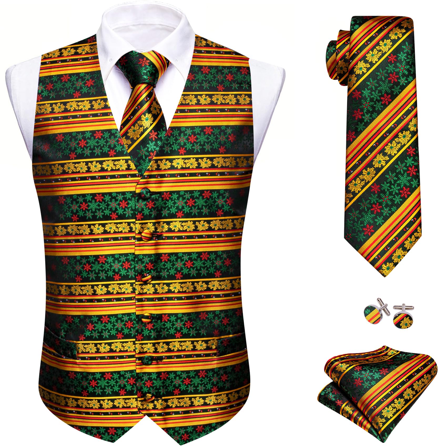 Barry.Wang Mens Red/Green Christmas Suit Vest Tie Holiday Xmas Waistcoat