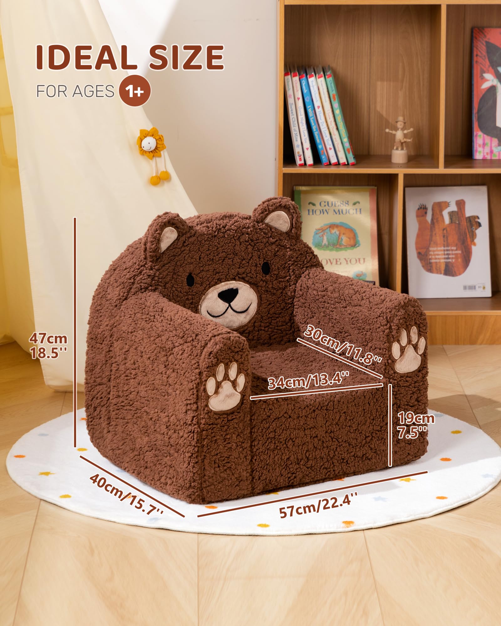 BEJOY Kindersofa Ultraweiches Kuschel-Schaumstoff kindersessel, Einzelsitz Sherpa Lesecouch für Jungen und Mädchen, Braunbär