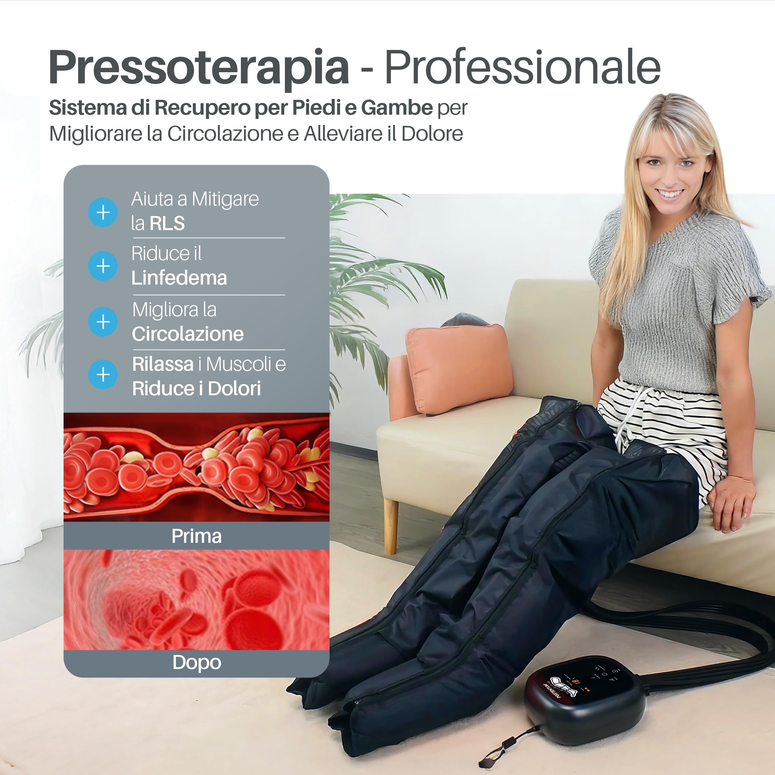 PORTENTUM Pressoterapia linfodrenaggio con batteria – Massaggiatore gambe e addome con 8 modalità e 3 intensità – Telecomando con schermo LCD – USB-C – Accessori per braccia e cintura – Borsa inclusa