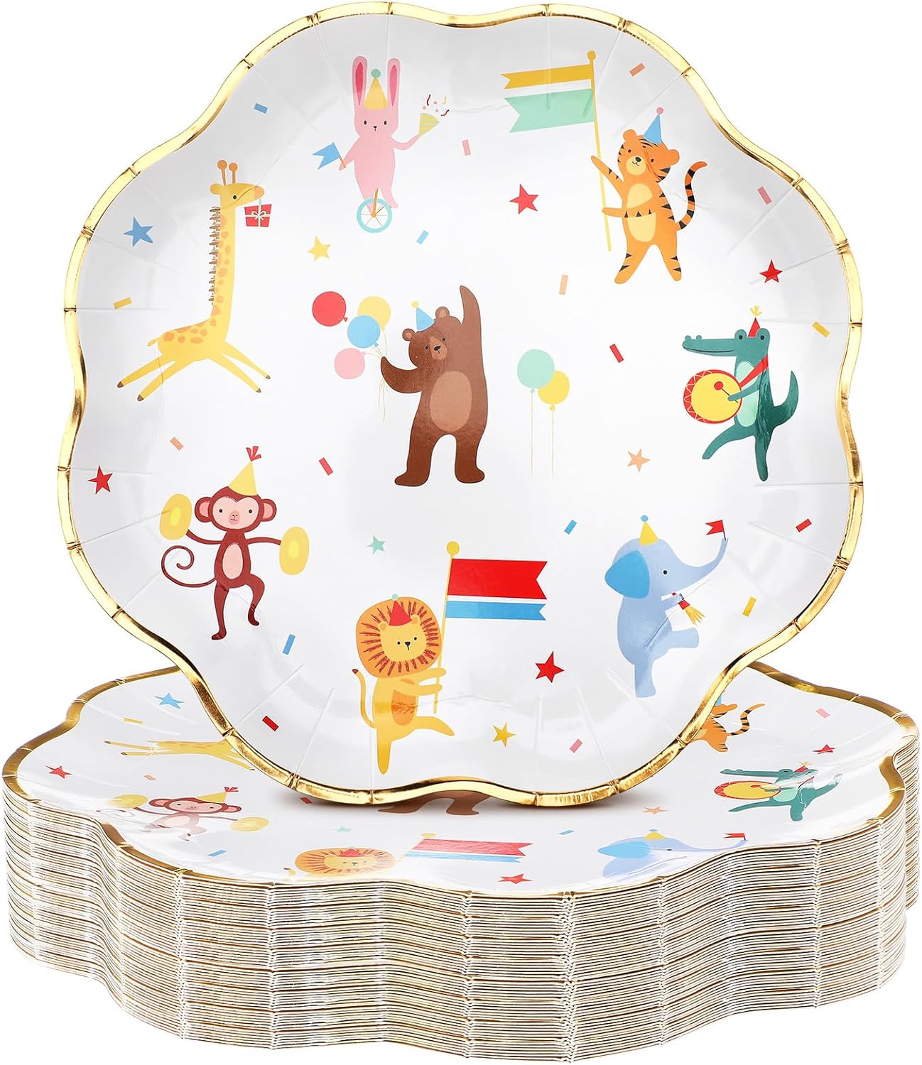 Maxdot 50 Pack Animal Parade Theme Party Plates, 9 Inch Disposable Paper Plates Scalloped with Cute Jungle Safari Animal Design, Fit for Birthday, Baby Shower, Party, Zoo Theme Celebration