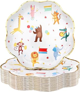 Maxdot 50 Pack Animal Parade Theme Party Plates, 9 Inch Disposable Paper Plates Scalloped with Cute Jungle Safari Animal Design, Fit for Birthday, Baby Shower, Party, Zoo Theme Celebration