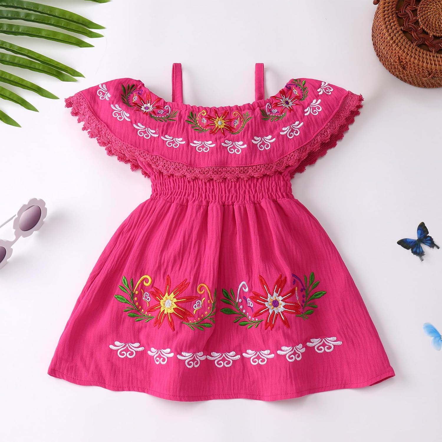 FYMNSI Mexican Dress for Girls Toddler Baby Cinco De Mayo Fiesta Mexican Off Shoulder Floral Embroidered Drape Casual Dress