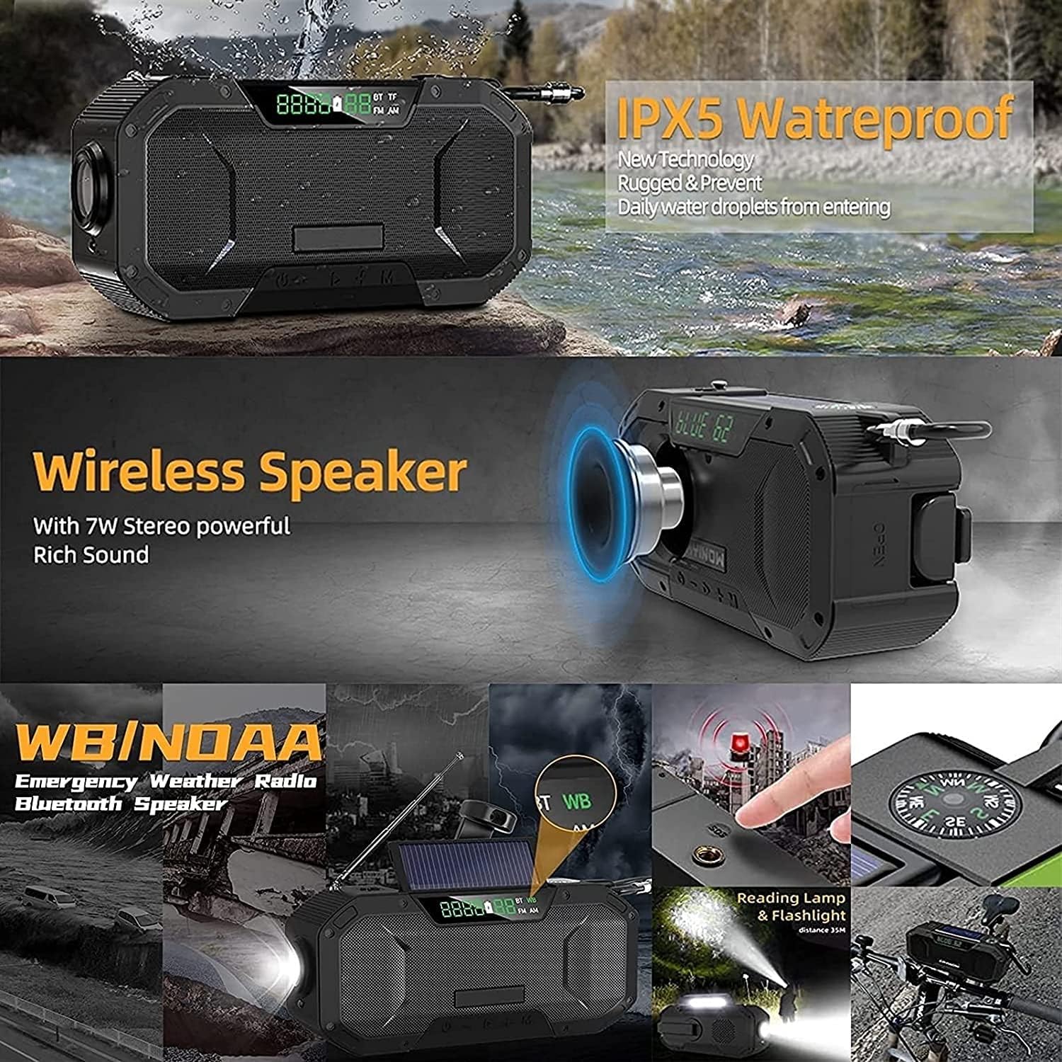Emergency Weather Radio,IPX5 Waterproof 5000mAh Portable Weather Solar Radios，AM/FM Emergency Broadcast Radio with Cell Phone Charger