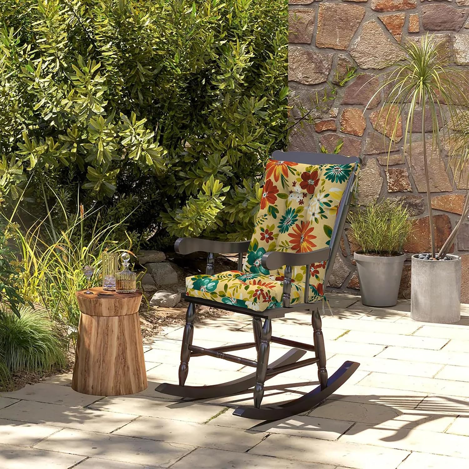 Set of 2 Rocking Chair Cushions for Outdoor/Indoor Use,Water Resistant Tufted High Back Chair Pads for Patio,Porch,Balcony Rocker and Adirondack Furniture - Flower Multi