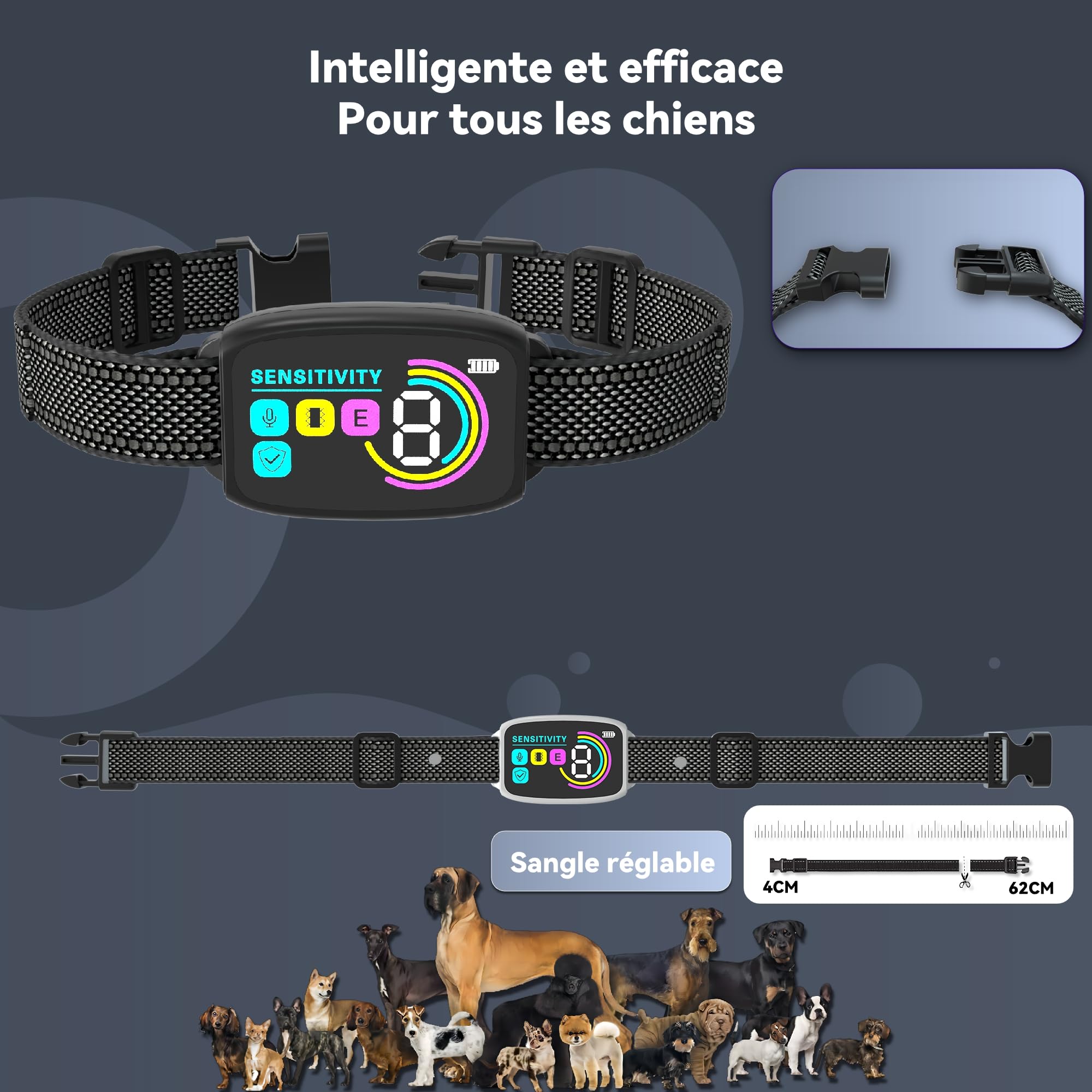 Meloive Collier Anti Aboiement Chien, Détection Intelligente des Aboiements, 4 Modes Vibration/Choc Statique/Son, 8 Niveau d'intensité, Rechargeable pour Gros Petit Chiens