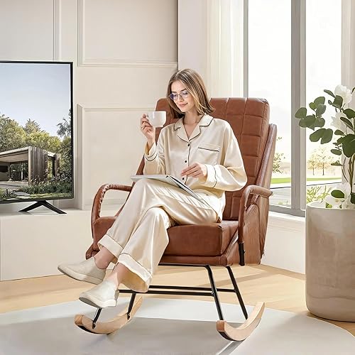 Miniatura 6 de VECELO Mecedora para guardería, mecedora de cuero de gran tamaño con cojín acolchado, respaldo alto tapizado extraíble, color marrón
