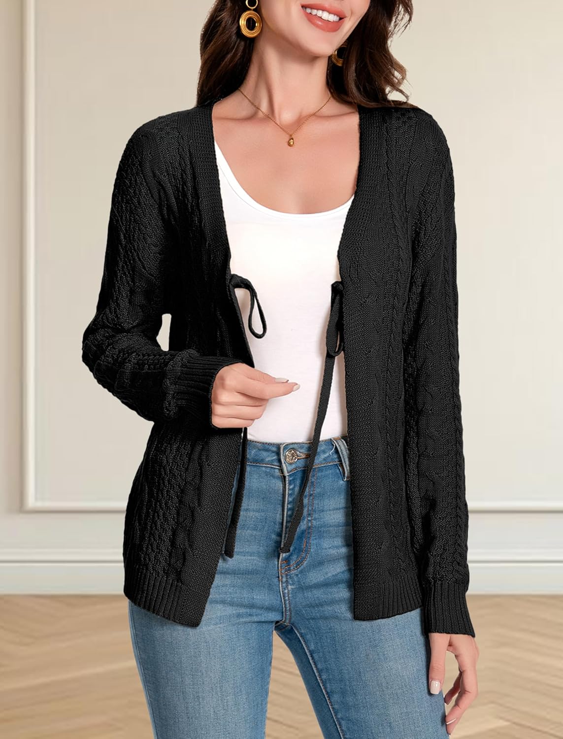 Women's Long Sleeve Cardigan Sweaters Tie Front Chunky Rib Knit Shrug Cardigan Bow V Neck Trendy Fall Coats Outerwear - Image 4