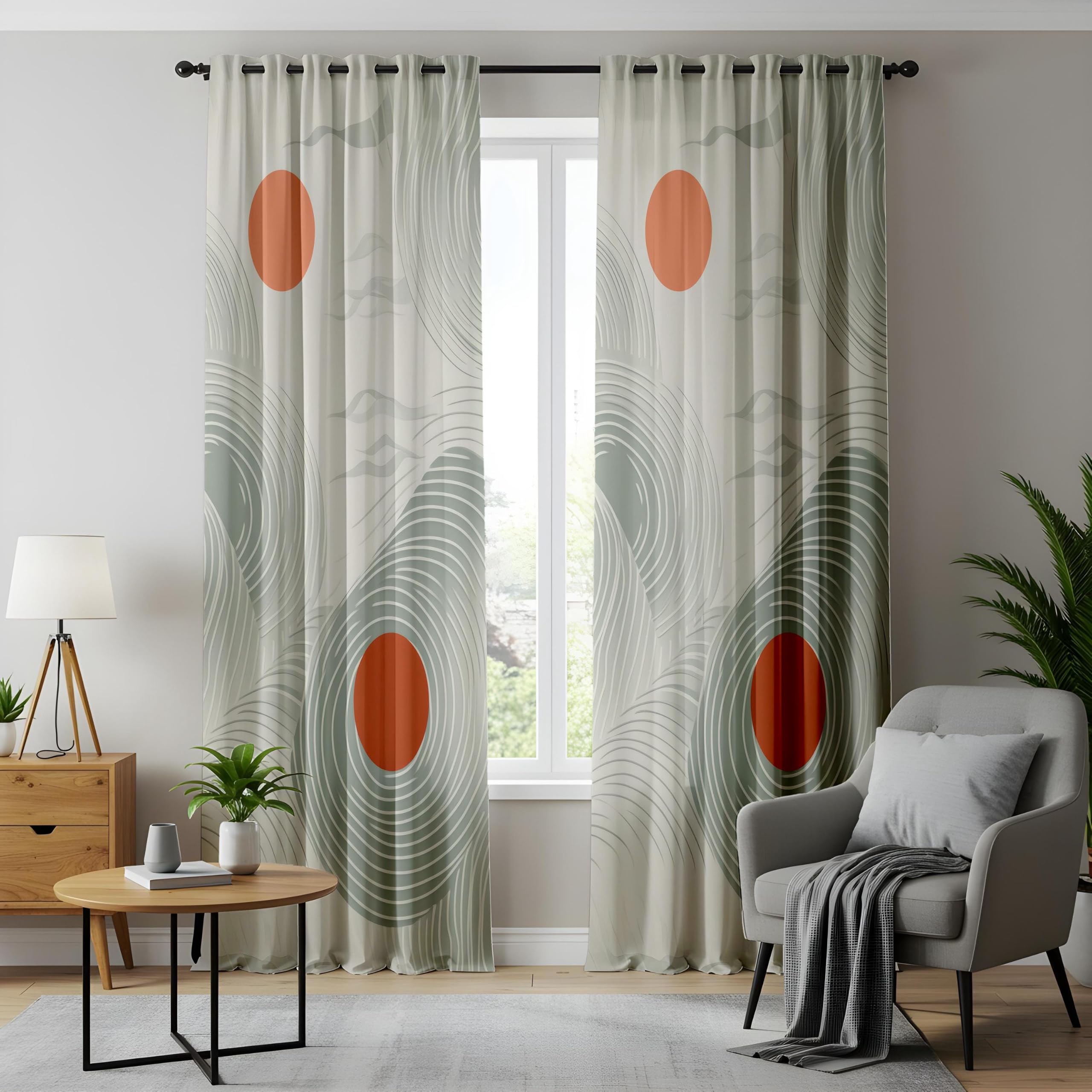 Rideaux occultants pour Chambre à Coucher, 2 Panneaux, Motif Abstrait Vert et Rouille, Inspiration Japonaise, pour Salon (L x H / 2 x 140 x 180 cm)