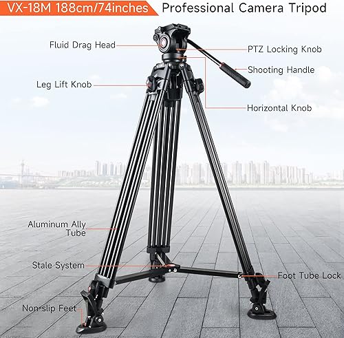 Miniatura 7 de VILTROX Trípode profesional de cámara de video resistente de 74 pulgadas con cabezal de arrastre fluido y placa QR, tubo doble de aluminio, para