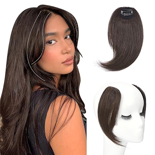 Benehair Side Bangs Clip in Bangs 100% Real Human Hair Curtain Bangs 10 inch Dark Brown Remy French Bang Soft Thick Hair 15g with Invisible Clips