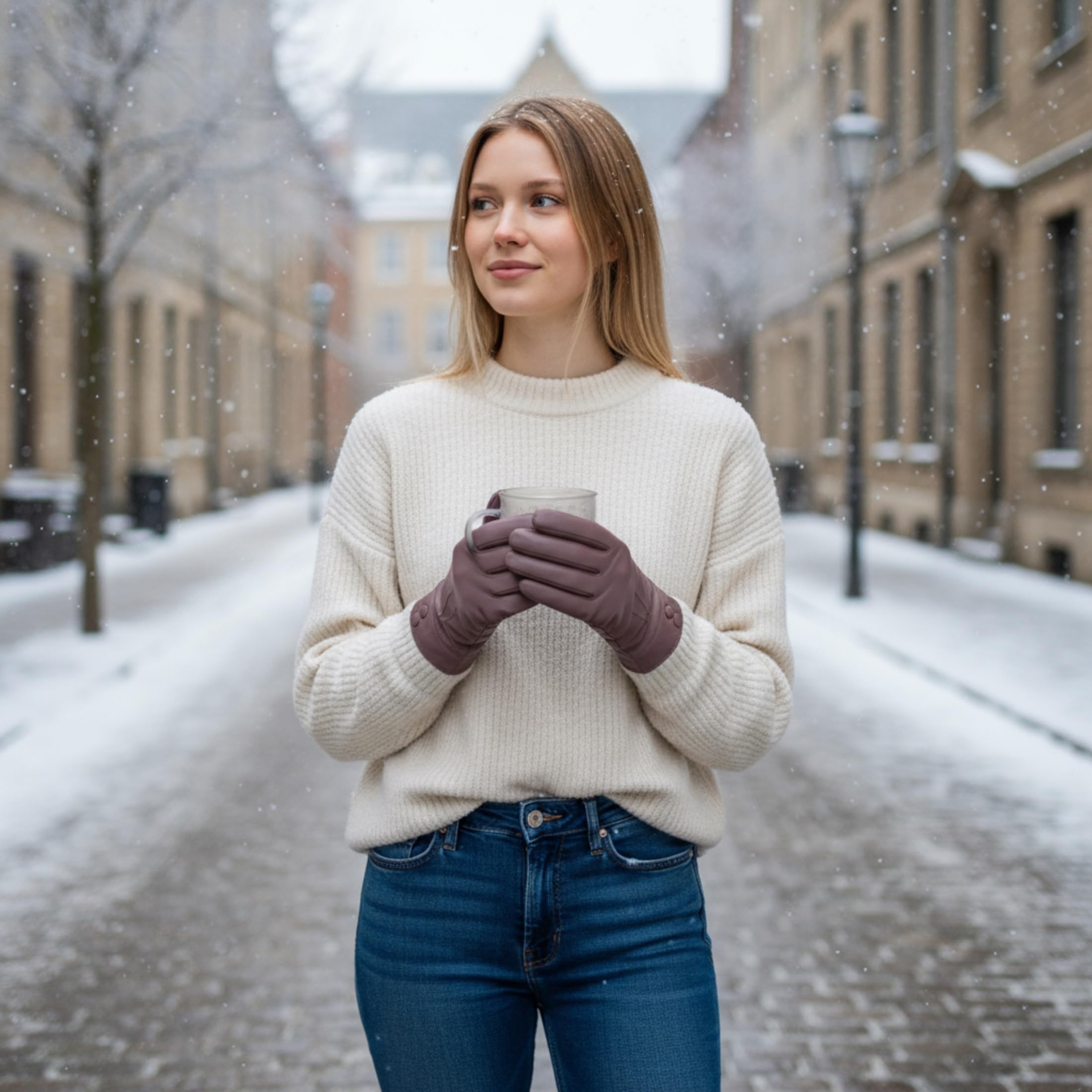 Infinity Leather Italienische Damen Winterhandschuhe aus Leder Wollfutter, Touchscreen Kompatibel, Wasserabweisende Fahrhandschuhe mit Knopfverschluss