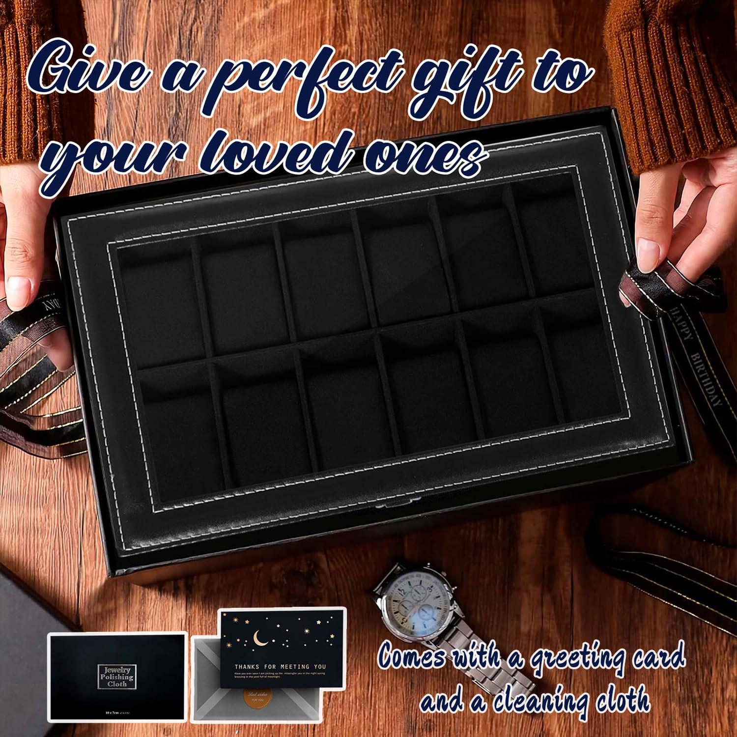 Boîte à Montres à 12 Emplacements,Présentoir à Montres,Boite Rangement Montre,Coffret à Montres avec Couvercle en Verre,Coussinets Amovibles,Cadeaux de Noël pour hommes et femmes