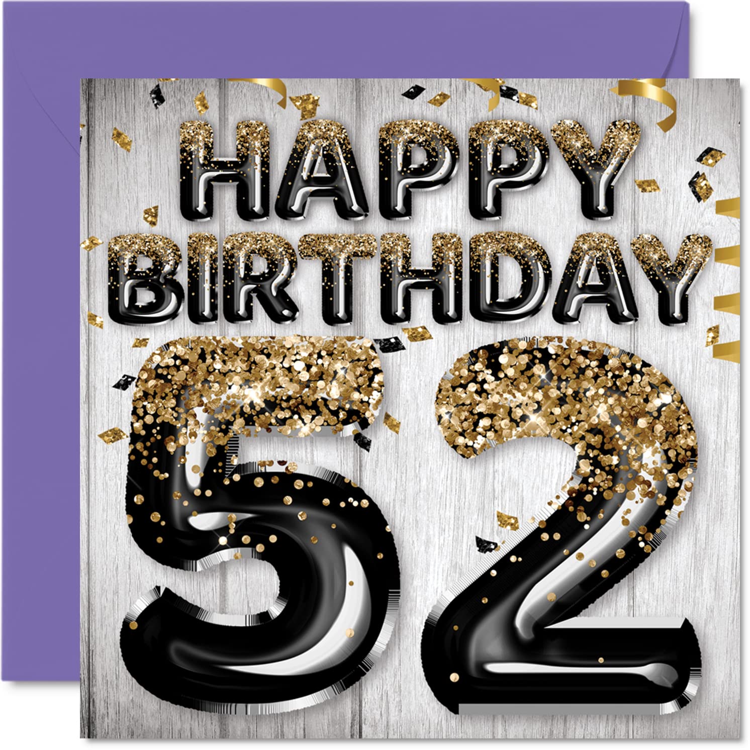 52nd Birthday Card for Men - Black & Gold Glitter Balloons - Happy Birthday Cards for 52 Year Old Man Dad Grandad Grandpa Gran Uncle, 145mm Bday Greeting Cards Gift