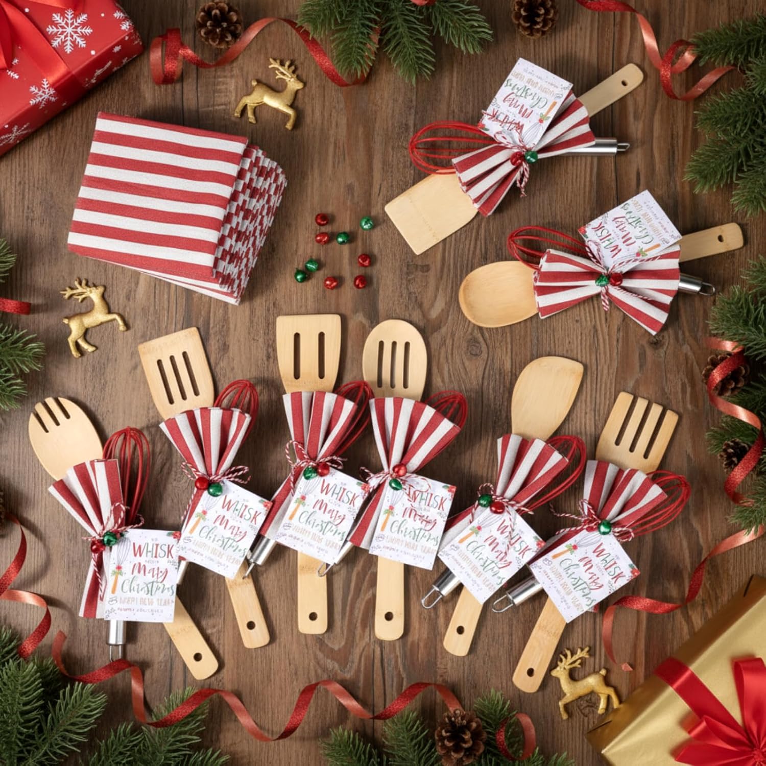24 Set Christmas Whisk Kitchen Utensils Supplies Gifts Sets Christmas Spatulas Stainless Steel Whisk Bamboo Spoons Towel Greeting Card Bells for Xmas Cooking Employee Stocking Stuffer