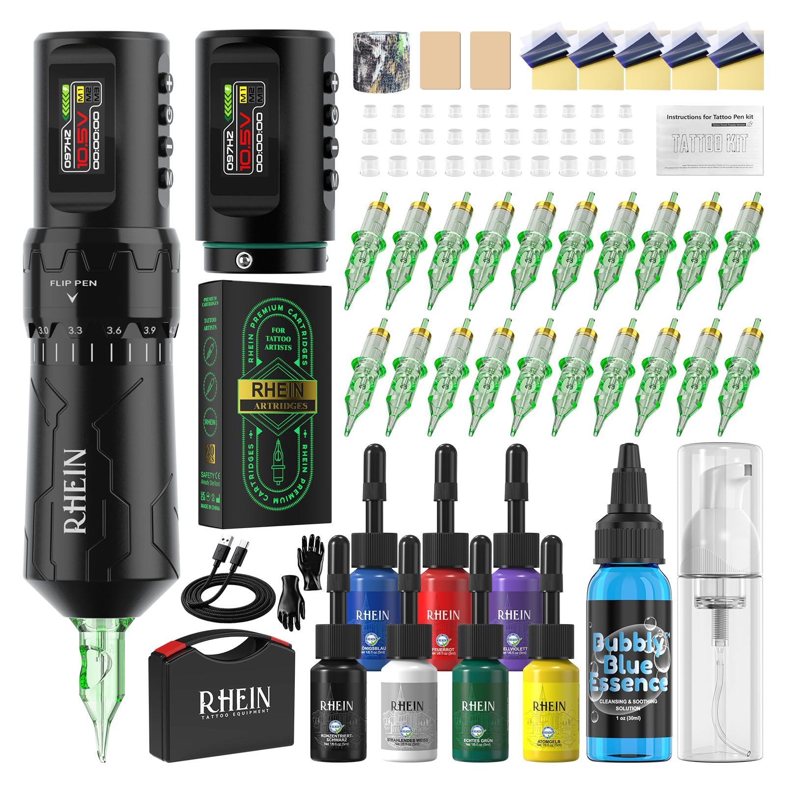 RHEIN Kabellos Maschine Set mit 2 Akkus à 1800 mAh Komplettes Zubehör Set | 7 Einstellbarer Hub Speicherfunktion Zeitmessfunktion Handkoffer 20 Nadeln 7 Farbe