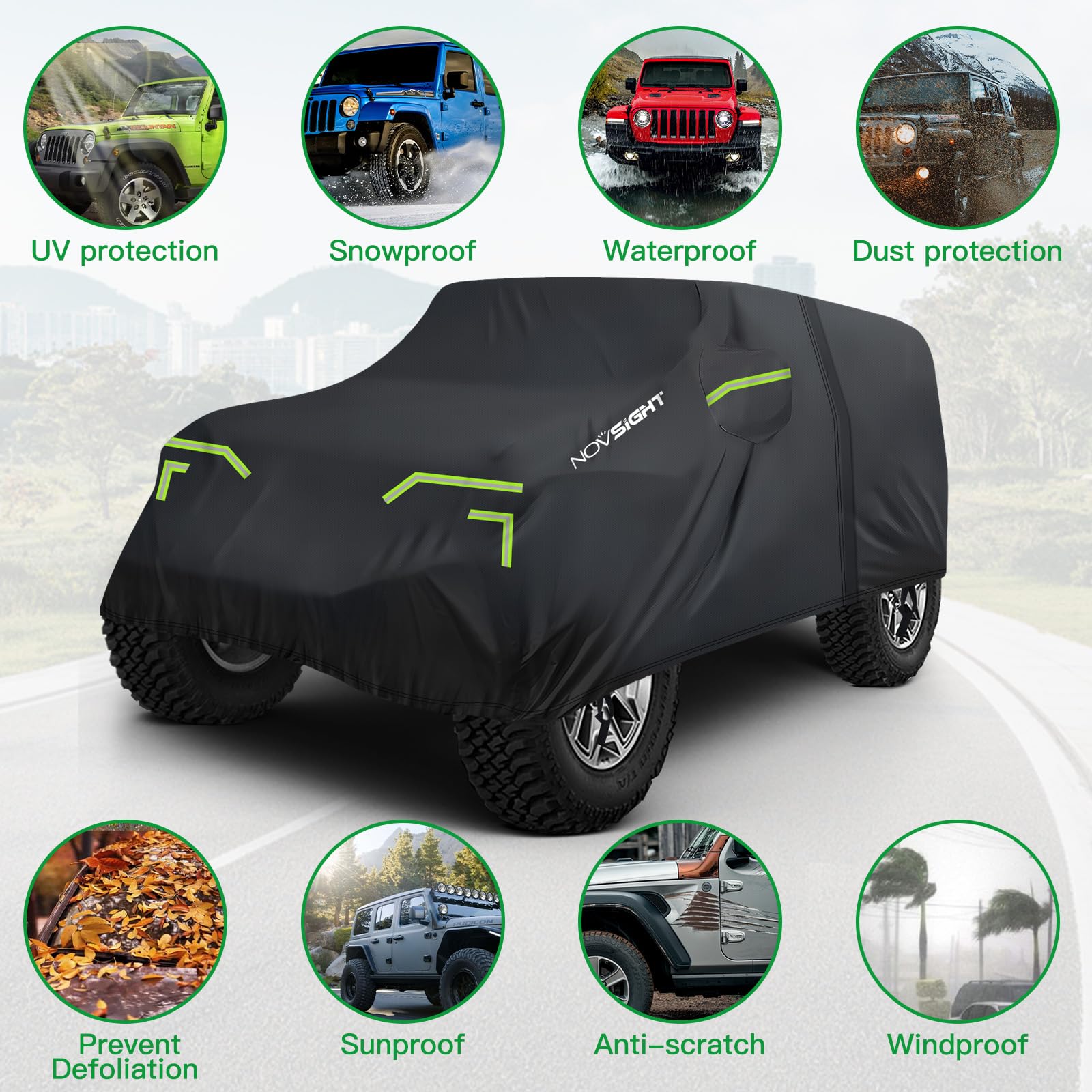 NOVSIGHT Car Cover for Jeep Wrangler 4 Door - Waterproof All Weather Outdoor Cover 2007 2025 JKU JL — view 6