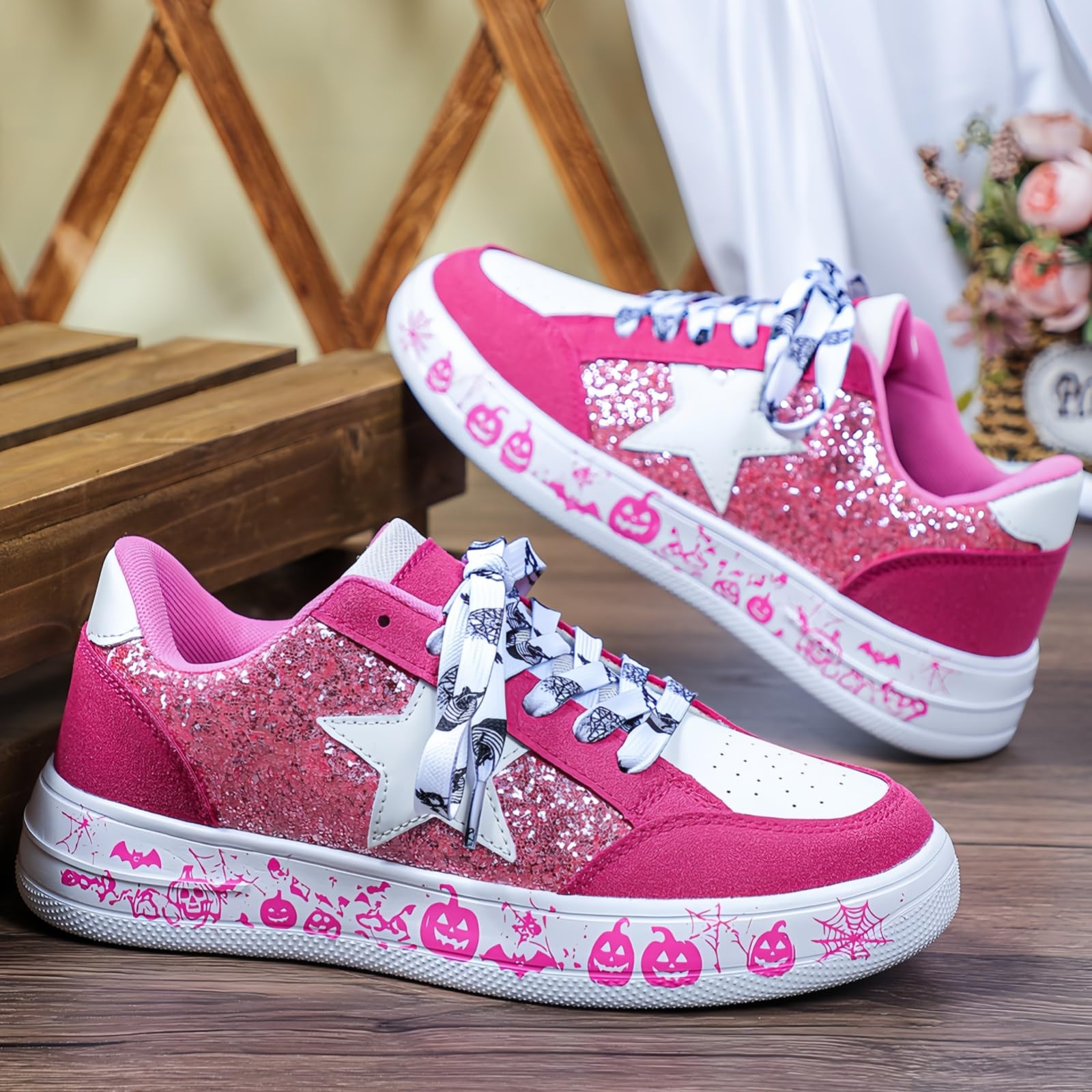 Modne damskie trampki z gwiazdami brokatowe cekiny sznurowane niskie buty tenisowe do biegania buty do chodzenia lekkie antypoślizgowe skórzane buty retro, Graffiti gwiazda różowy, 36.5 EU