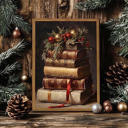 Miniatura 7 de Hwetui Lienzo de Navidad vintage para pared, libros rústicos de granja, pintura de naturaleza muerta, póster de Feliz Navidad, impresión de imagen