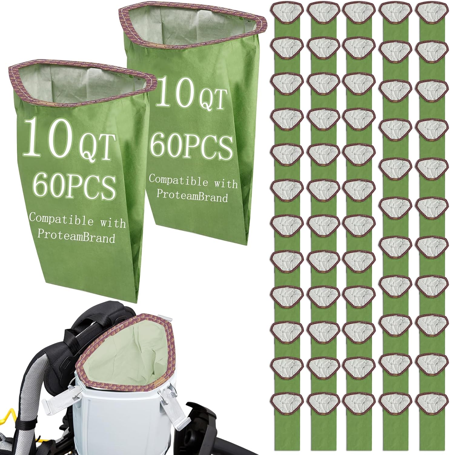 60 Pack 107313 Backpack Vacuum Bags, 10 QT Compatible with ProteamBrand | Double-Pleated Leak-Proof, 99.9% Filtration, Open Triangular Collar, Compatible with Pro 10 Series and GoFit 10 Models
