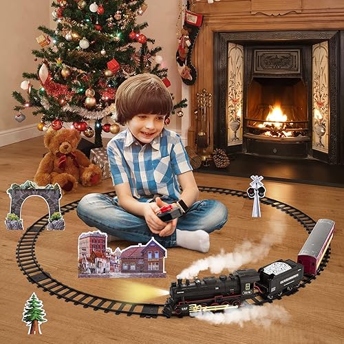 Miniatura 6 de ROGALALY Juego de tren, juguetes de tren a control remoto para niños con humo, luces y sonido, kits de tren eléctrico con locomotora de vapor y