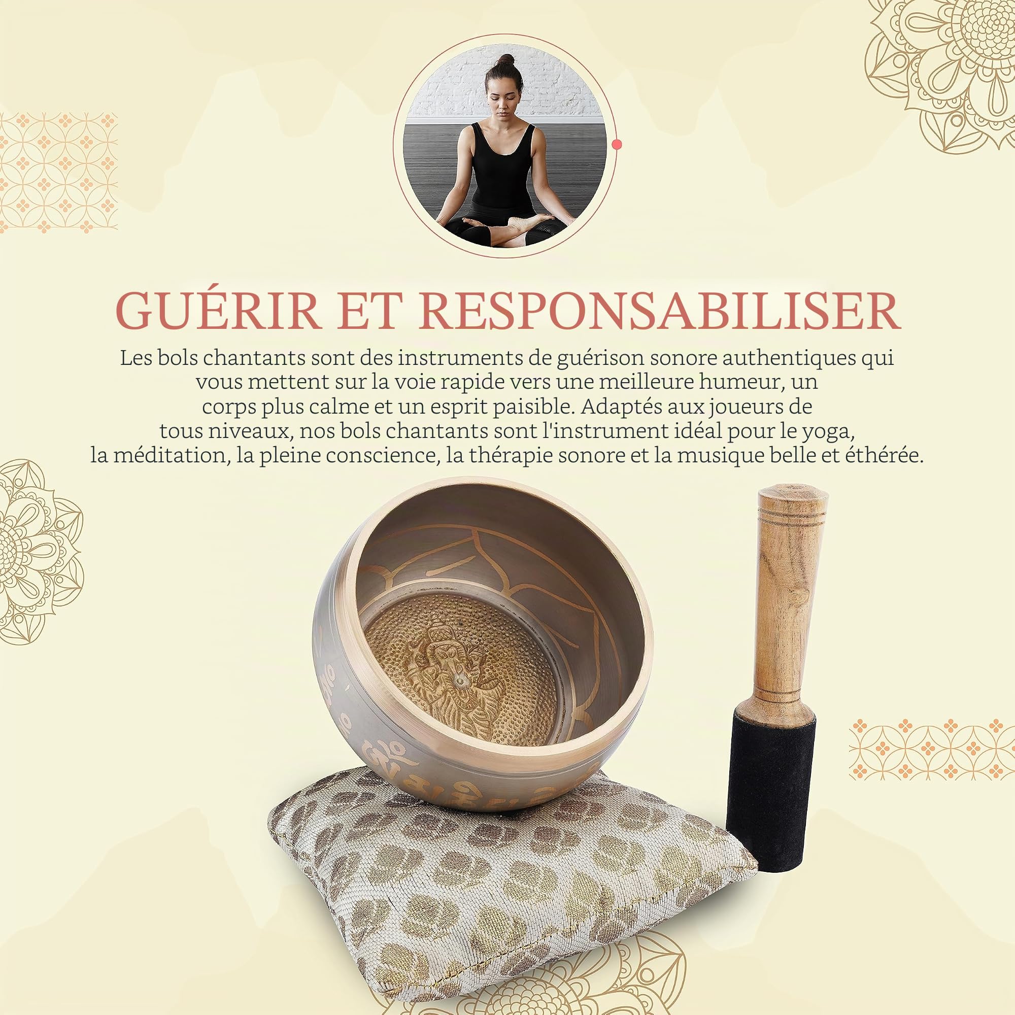 Ajuny Bol chantant bouddhiste tibetain - Shree Ganesha - Son de meditation OM Bell beige - 4 pouces de diametre pour accessoires de relaxation et de meditation - Baton et coussin inclus