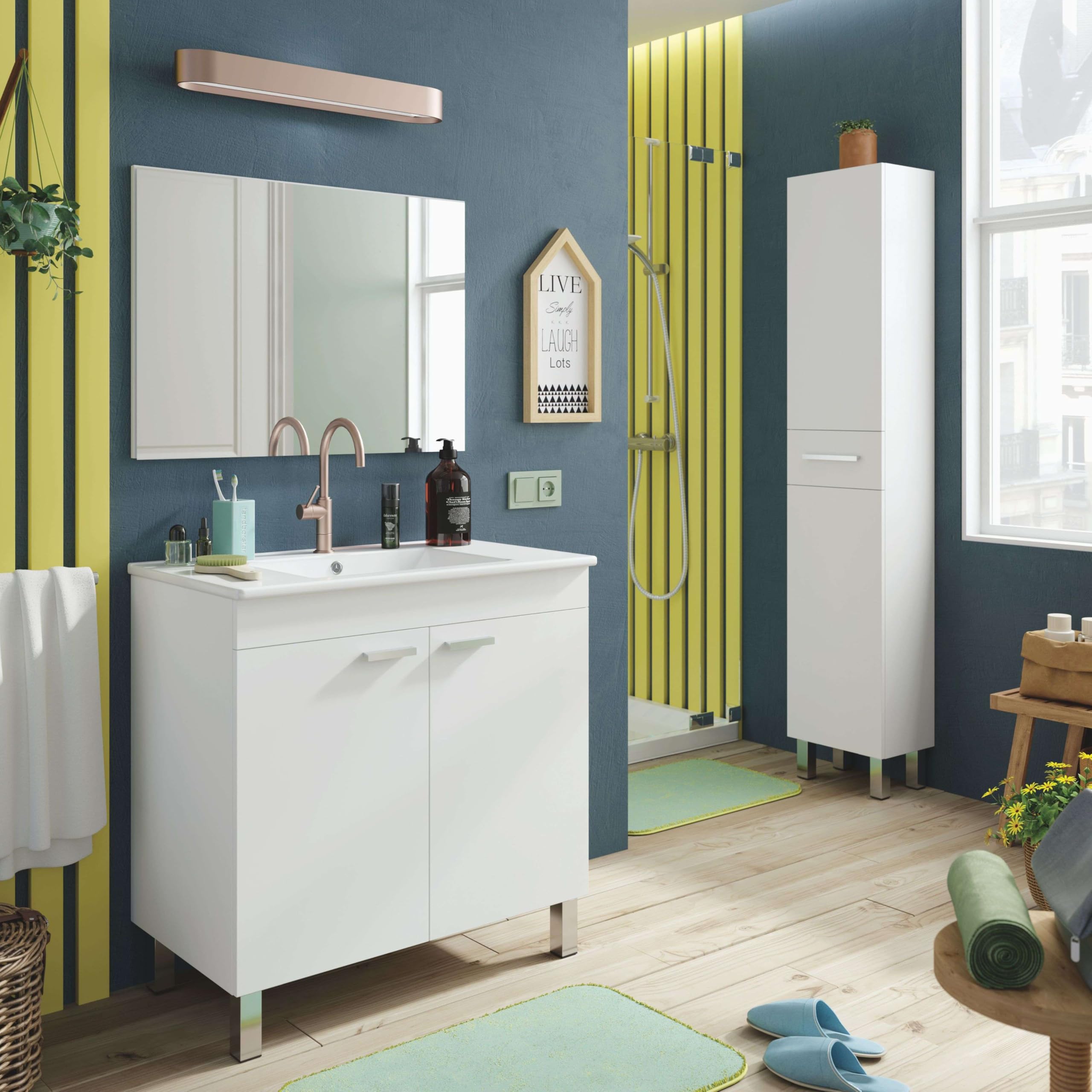 ARKITMOBEL Columna de Baño Athena Estilo Contemporáneo 2 Puertas y 1 cajón Color Blanco Brillo 182x35x31 cm