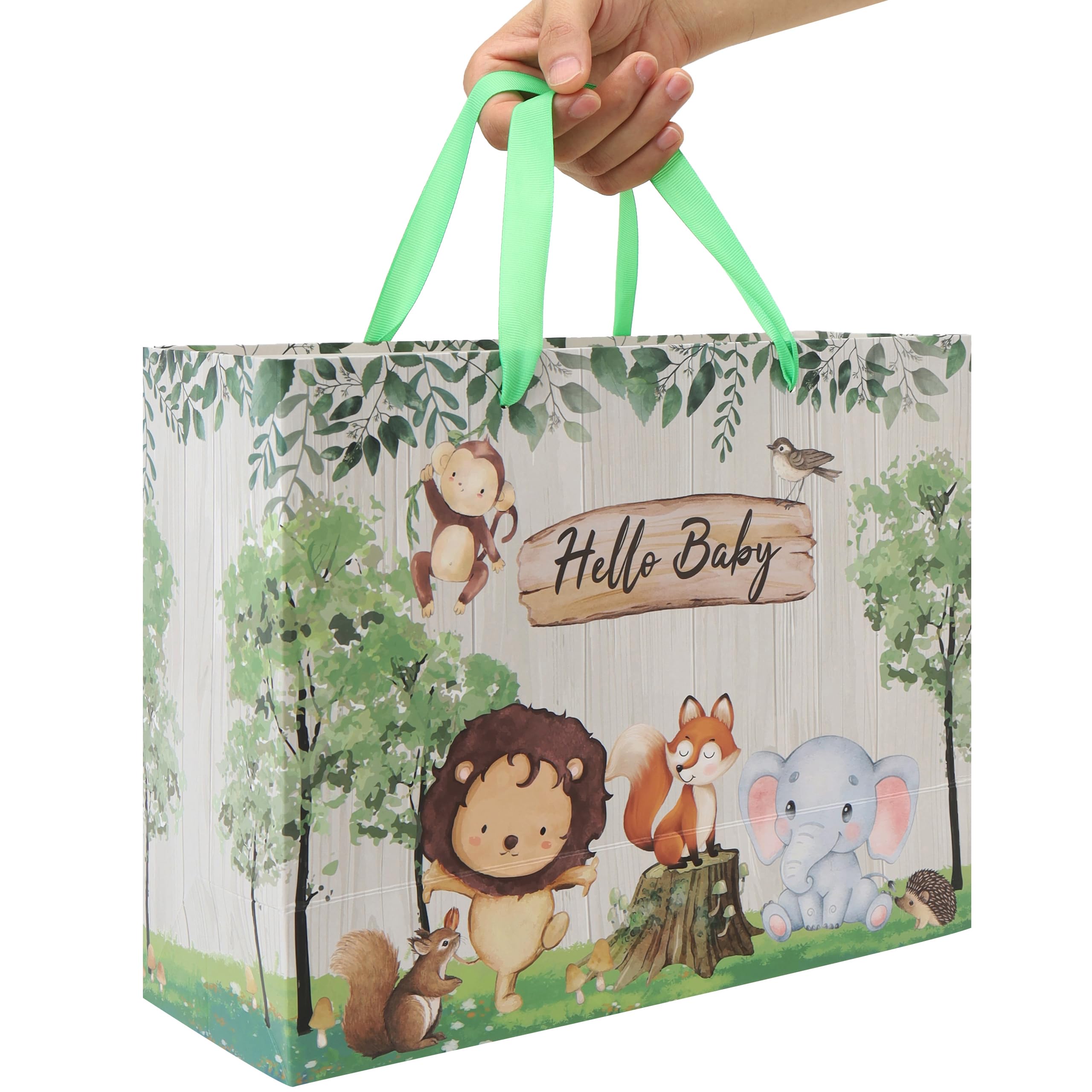 13'' Large Baby Boy Girl Gift Bag Set with Handles, Greeting Card, Green Tissue Papers and Stickers for Birthday, Baby Shower, Newborn, New Moms, Woodland Animals Design, 1 Pcs