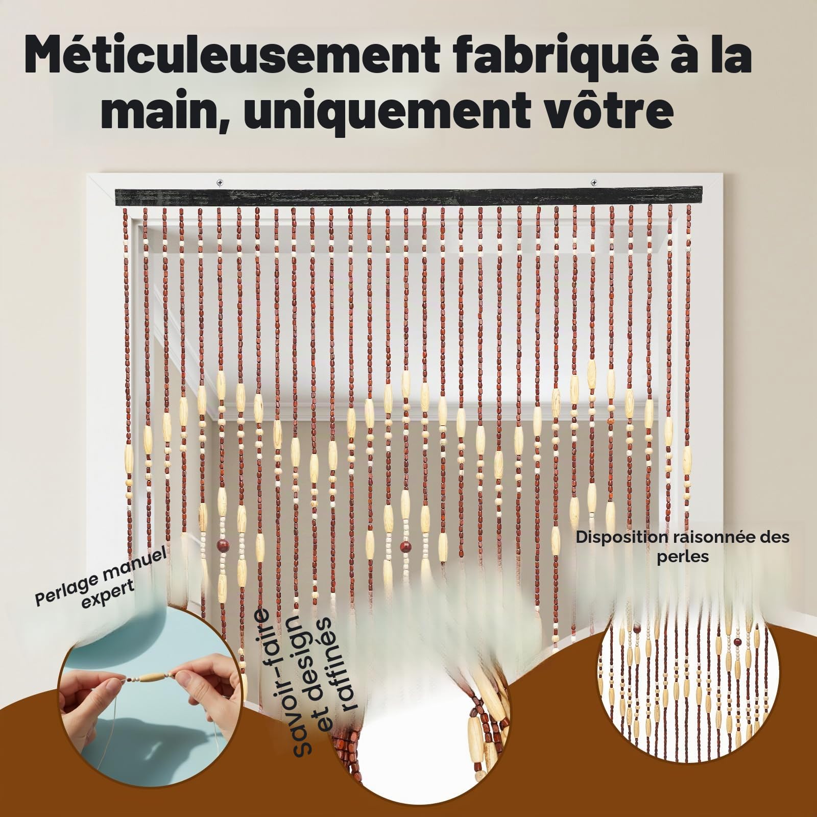 Rideau Pour Porte En Bambou 90x175cm Naturel Avec Perles En Bois Style Rétro À Fils En Bois Anti-insectes Pour Séjour Diviseur Décoratif