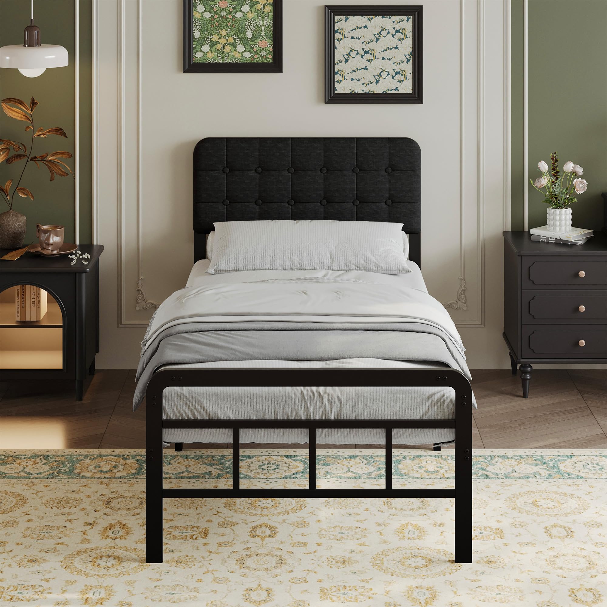 EMODA Small Single Bed Frame with Upholstered Headboard and Footboard, 36cm High Metal Bed Frame 75 x 190cm with Heavy Duty Steel Slats Support, Noise Free, Easy Assembly, Black