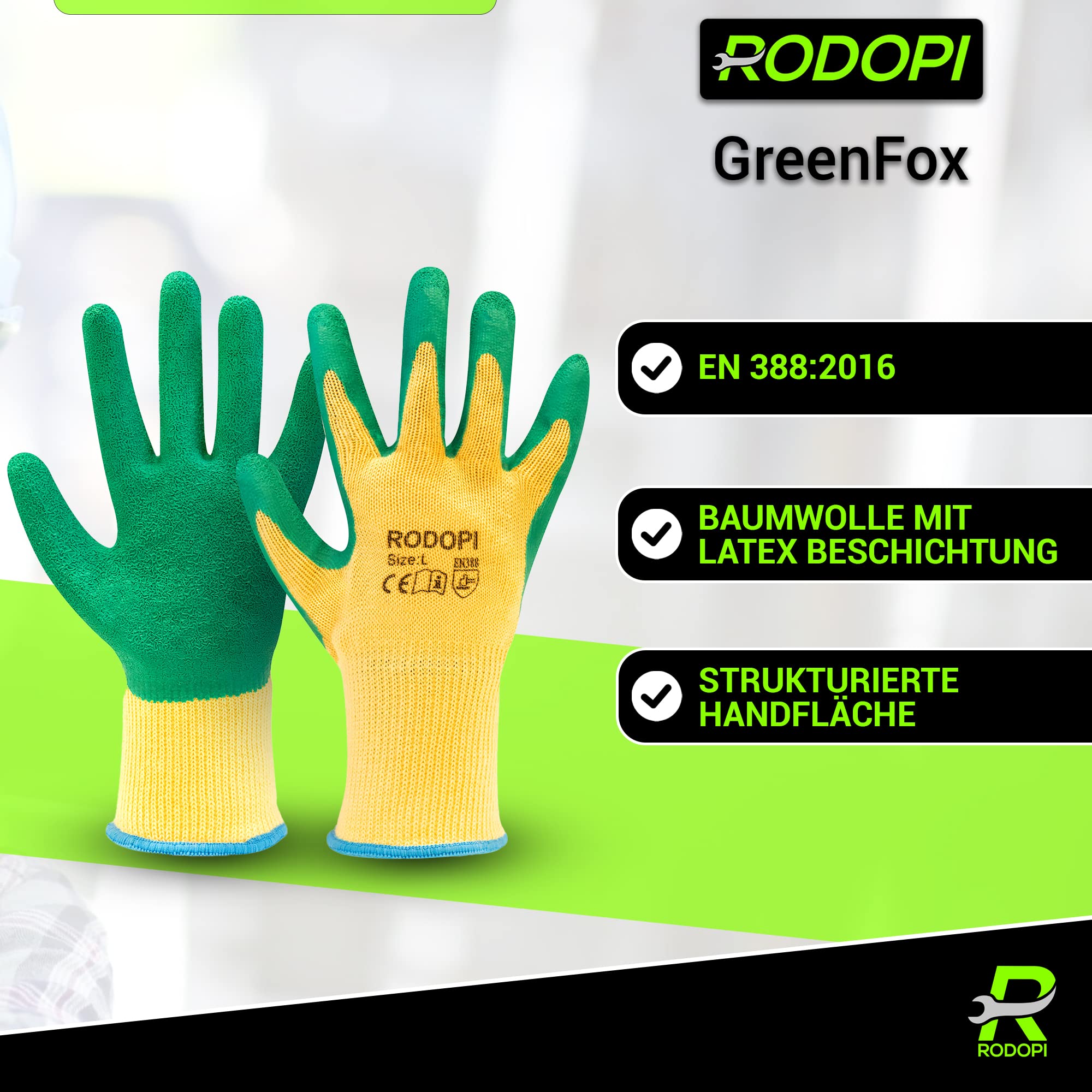 RODOPI GreenFox Gartenhandschuhe für Damen und Herren dornenfeste Arbeitshandschuhe für die Gartenarbeit EN 388:2016 Rosenhandschuhe Latex Garden Gloves (120 Paar, 9)