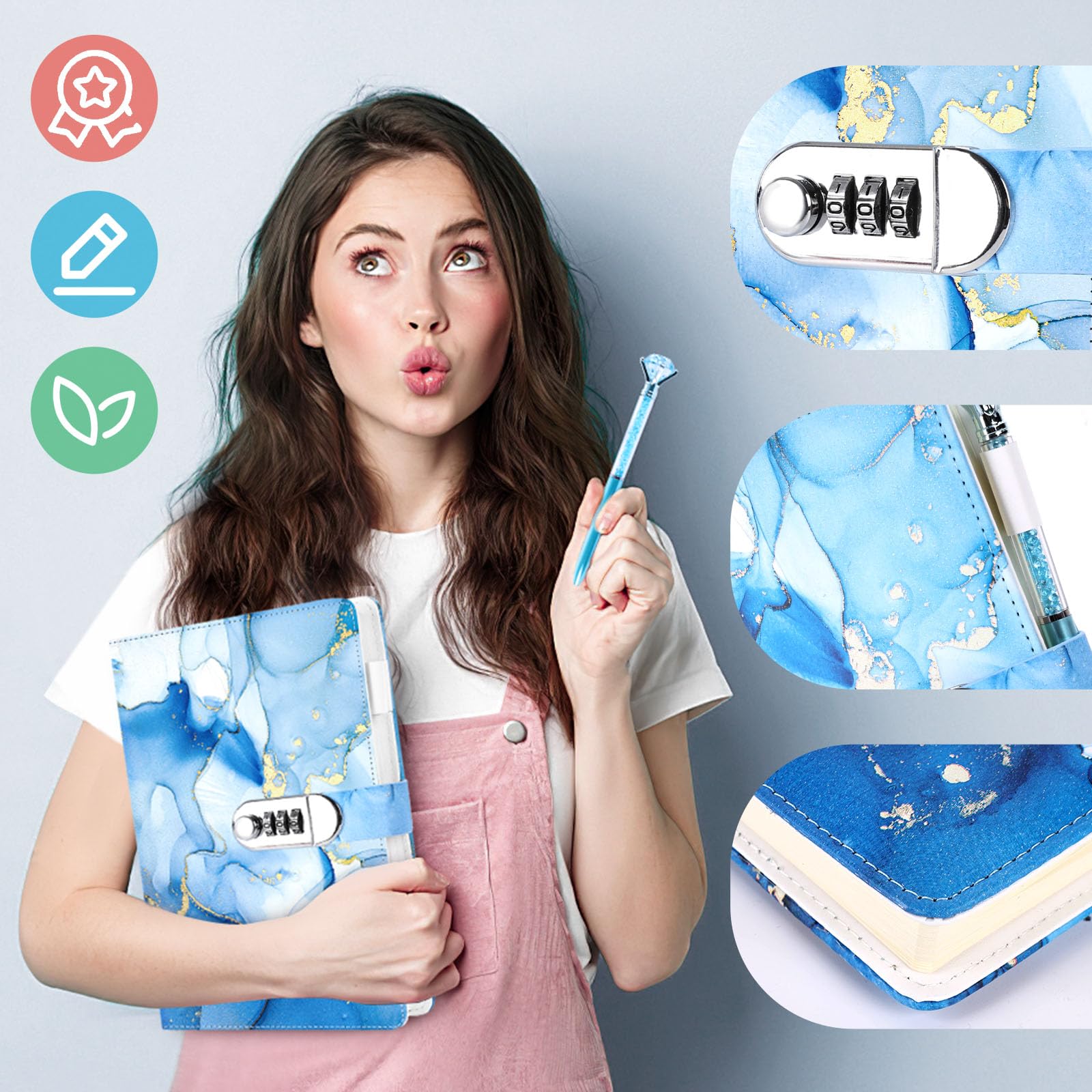 Koogel Diary with Lock for Girls Ages 8-12, A5 Journal with Lock 240 Pages, Kids Locking Secret Diary Writing Journal with Pen, Cute Birthday Gifts Stuff for Teen Tween Girls Age 8 9 10 11 12, Blue