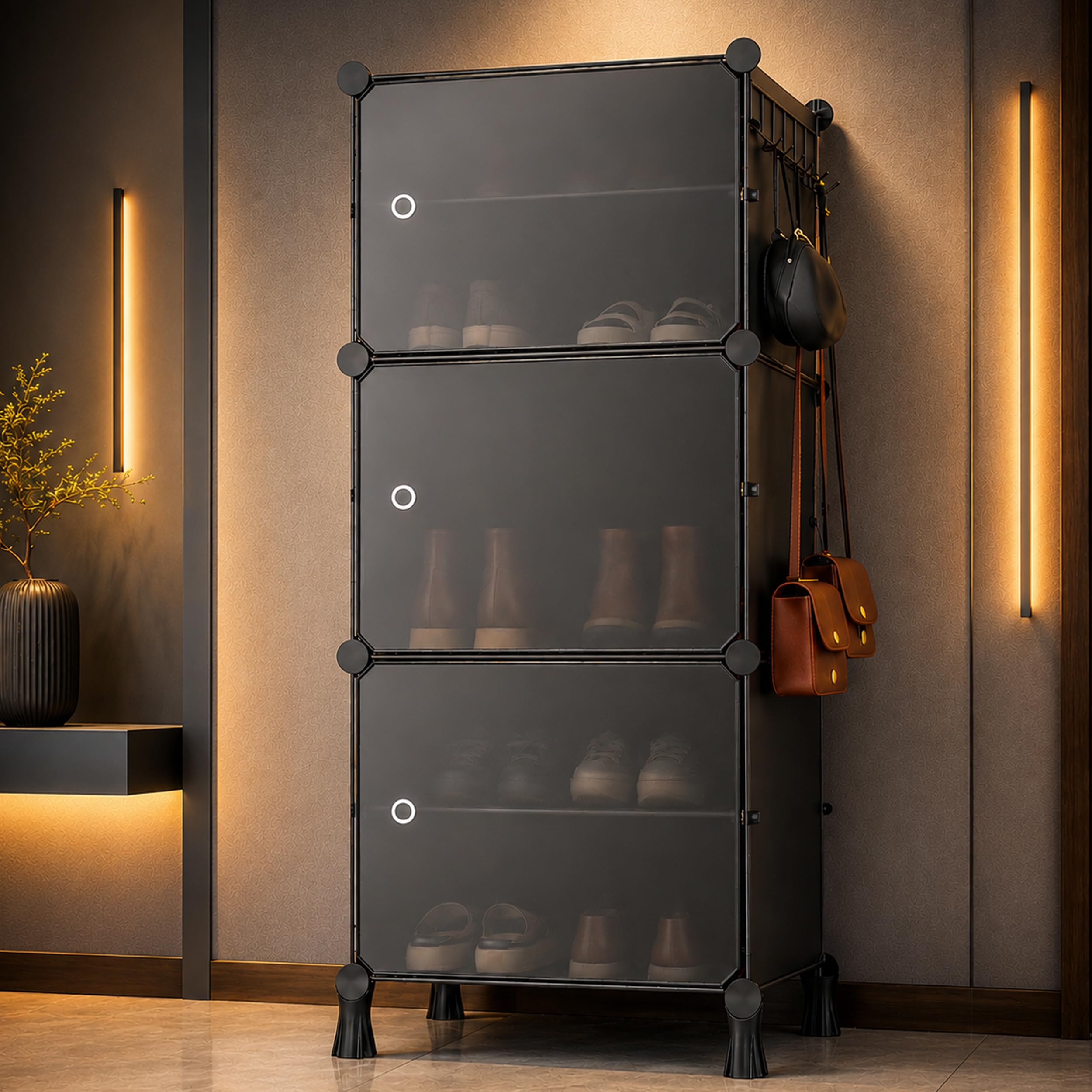 AYSIS Premium Foldable Plastic Shoe Rack for Home, 𝟑 𝐃𝐨𝐨𝐫 𝟔 𝐒𝐡𝐞𝐥𝐟, Magnets, 5 Hook Steel Holder, Shoe Organizer, Portable Space Saving Storage for Entryway, Bedroom & Living Room, Black