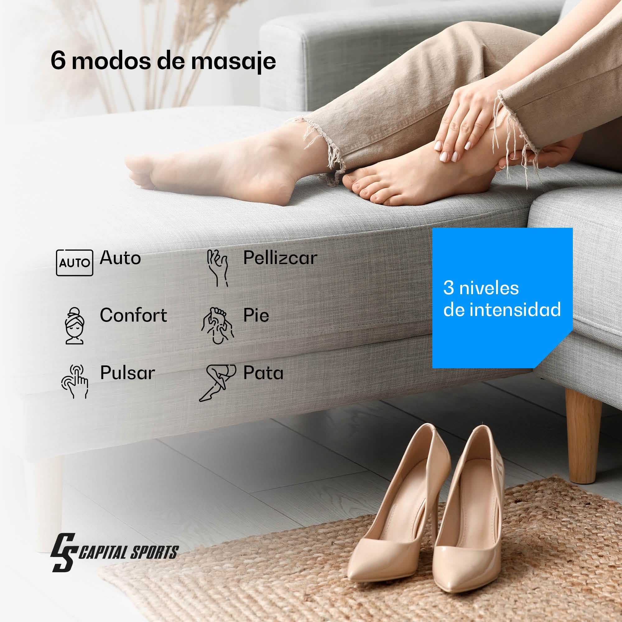 Capital Sports ReCrest Masajeador de Piernas – Masaje Completo de Piernas y Pies con Calor, 6 Modos, 3 Intensidades, 4 Cámaras de Presión para Alivio Muscular, Control Remoto y Temporizador Automático