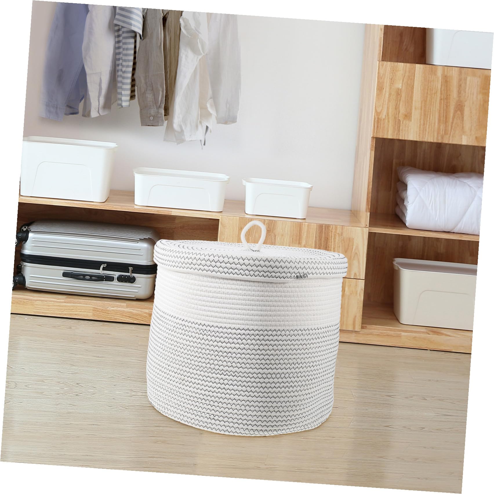 Cesta de Almacenamiento Tejida de Color Claro con Tapa 40,5x35,5 Cm | Algodón Trenzado, Ligera, para Armario y Estudio, Apta para Toallas y Material de Manualidades