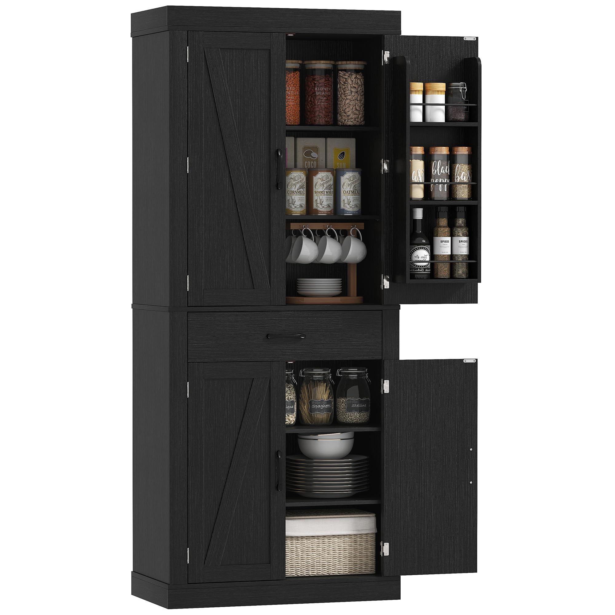HOMCOM Credenza Cucina Alta 183.5 cm con 6 Portaspezie sulla Porta Nero