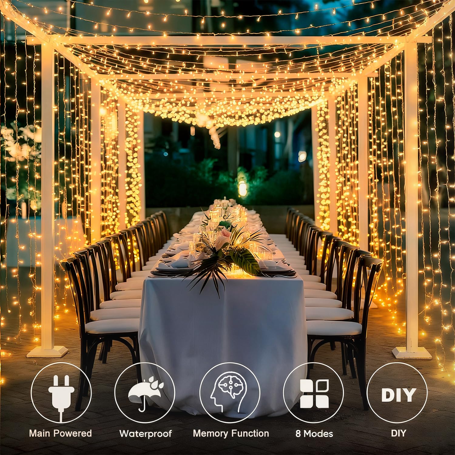 Elegear 6M x 3M Cortina Luces Exterior con Enchufe, Guirnaldas Luz Prolongable, 8 Modos Luz de Cascada para Navidad Natal Boda Fiestas Casa Jardín Patio Balcón Bar, 600 LED, Blanco Cálido
