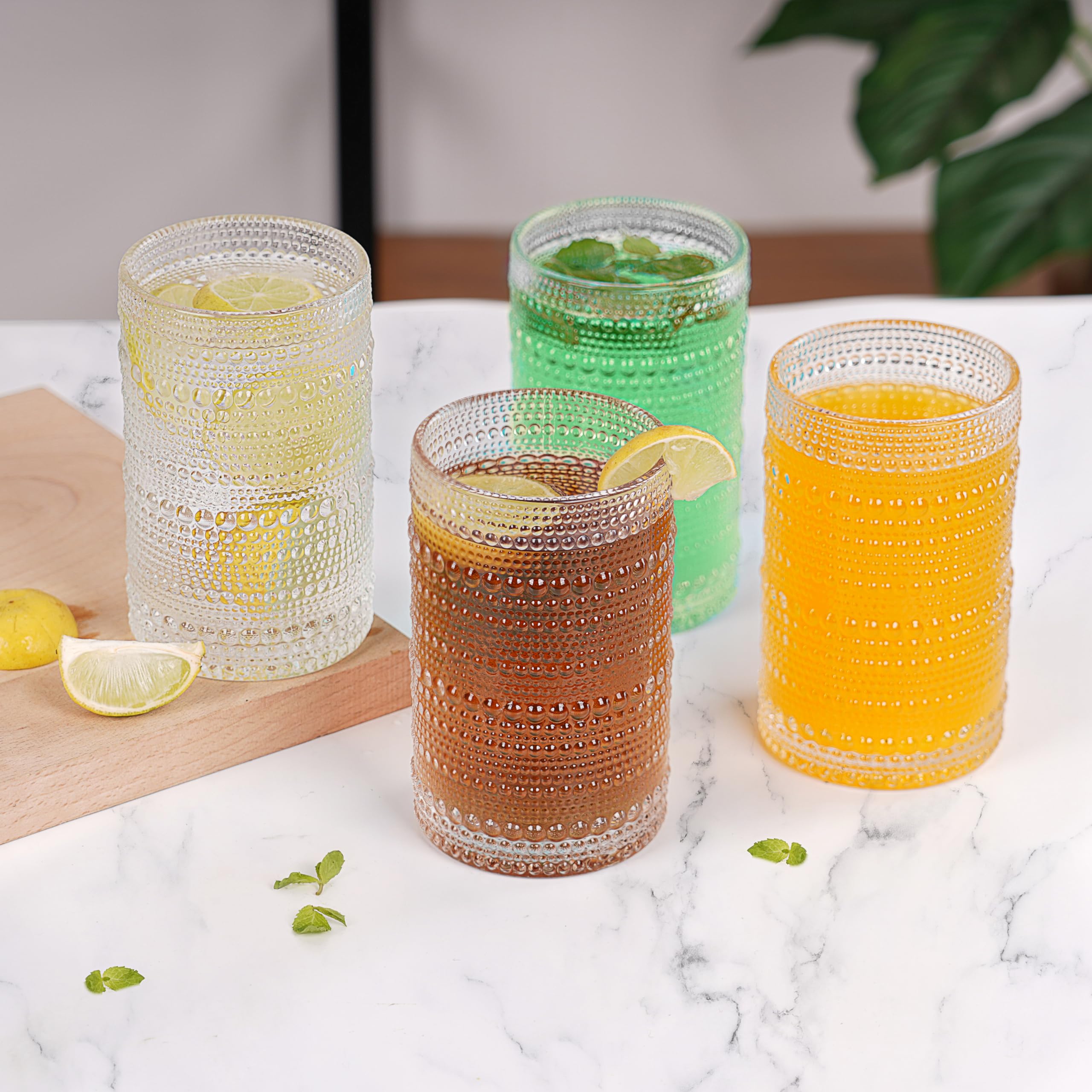 Ensemble Verre Strié 410 ml [Lot de 4] Verres Cocktail Vintage Empilables avec Pailles en Verre