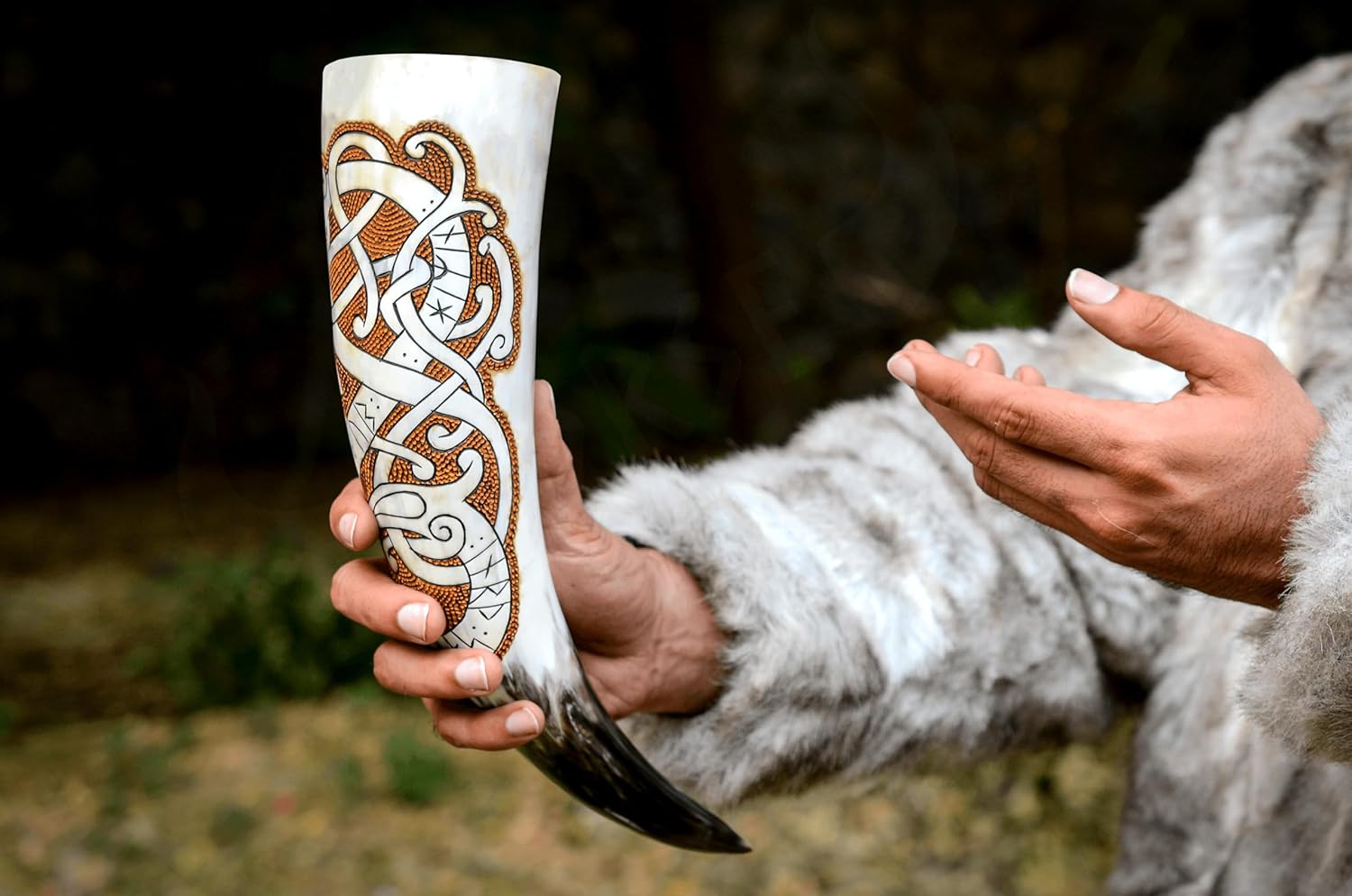 Viking Ox Horn – 16oz, 100% Authentic, Hand Engraved Runic Dragon with Pyrography Medieval-Style Horn for Cold Beverages, Food-Grade Gift for Men & Women, Perfect for Mead & Beer Cup… - Image 3
