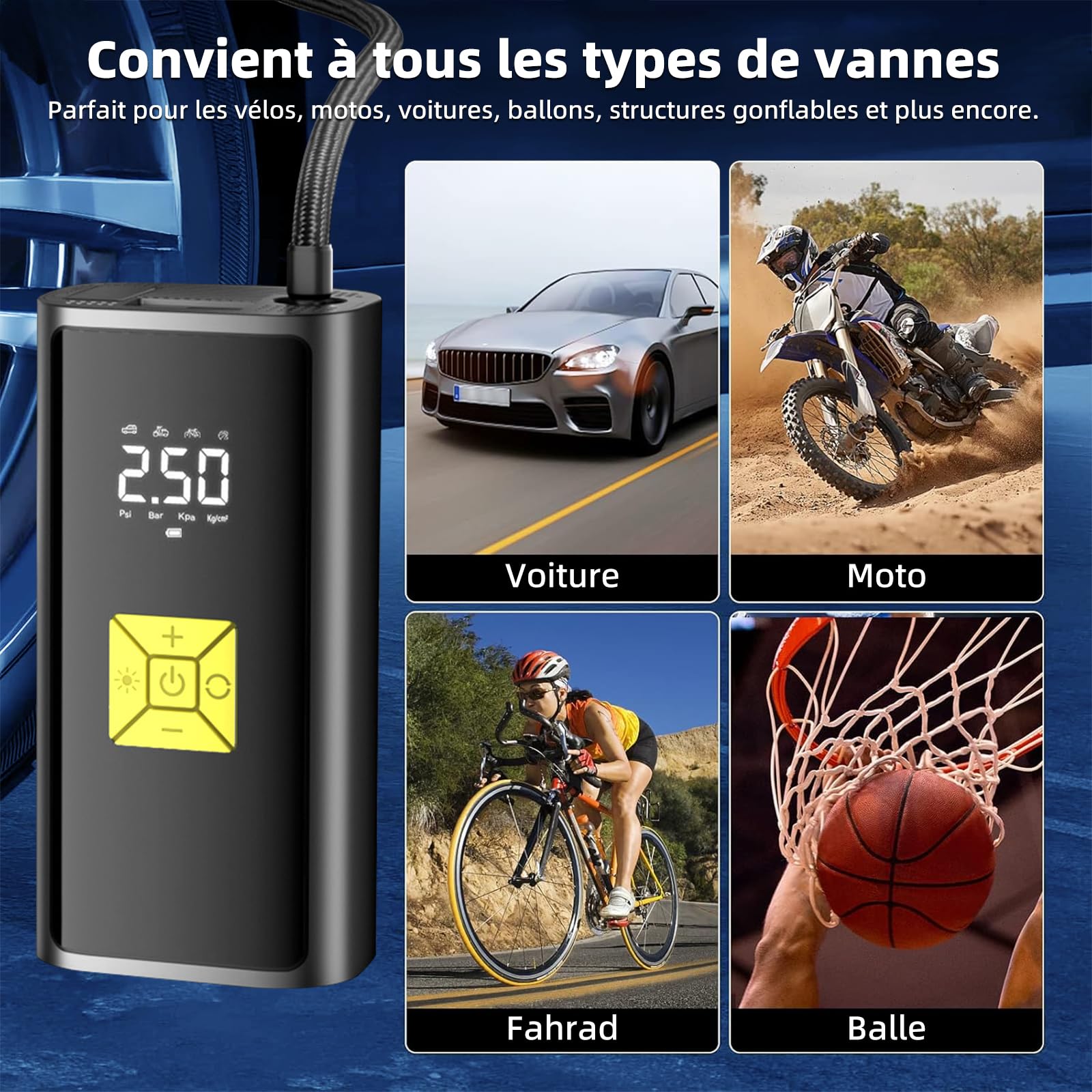 Compresseur Air Portable 150PSI - Pompe à Vélo Rechargeable USB-C - Gonflage Voiture, Moto, Ballons