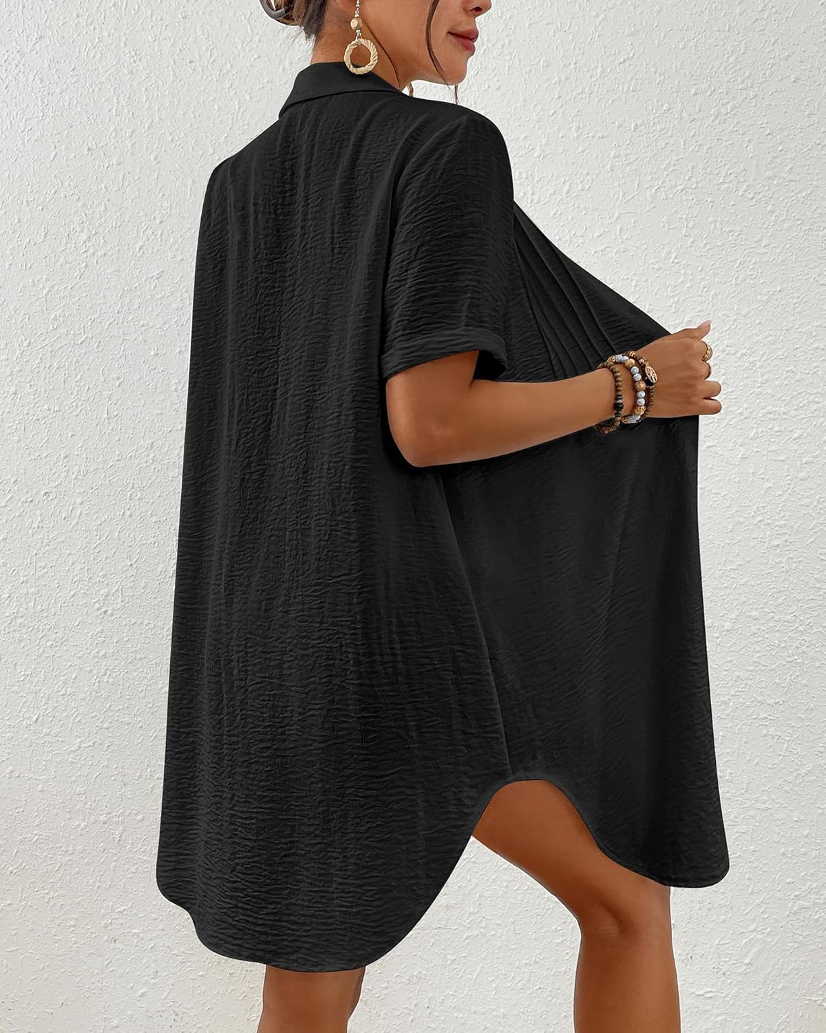 Bsubseach Swimsuit Coverup for Women V Neck Bathing Suit Cover Up Short Sleeve Causal Bikini Button Down Shirt - Image 3