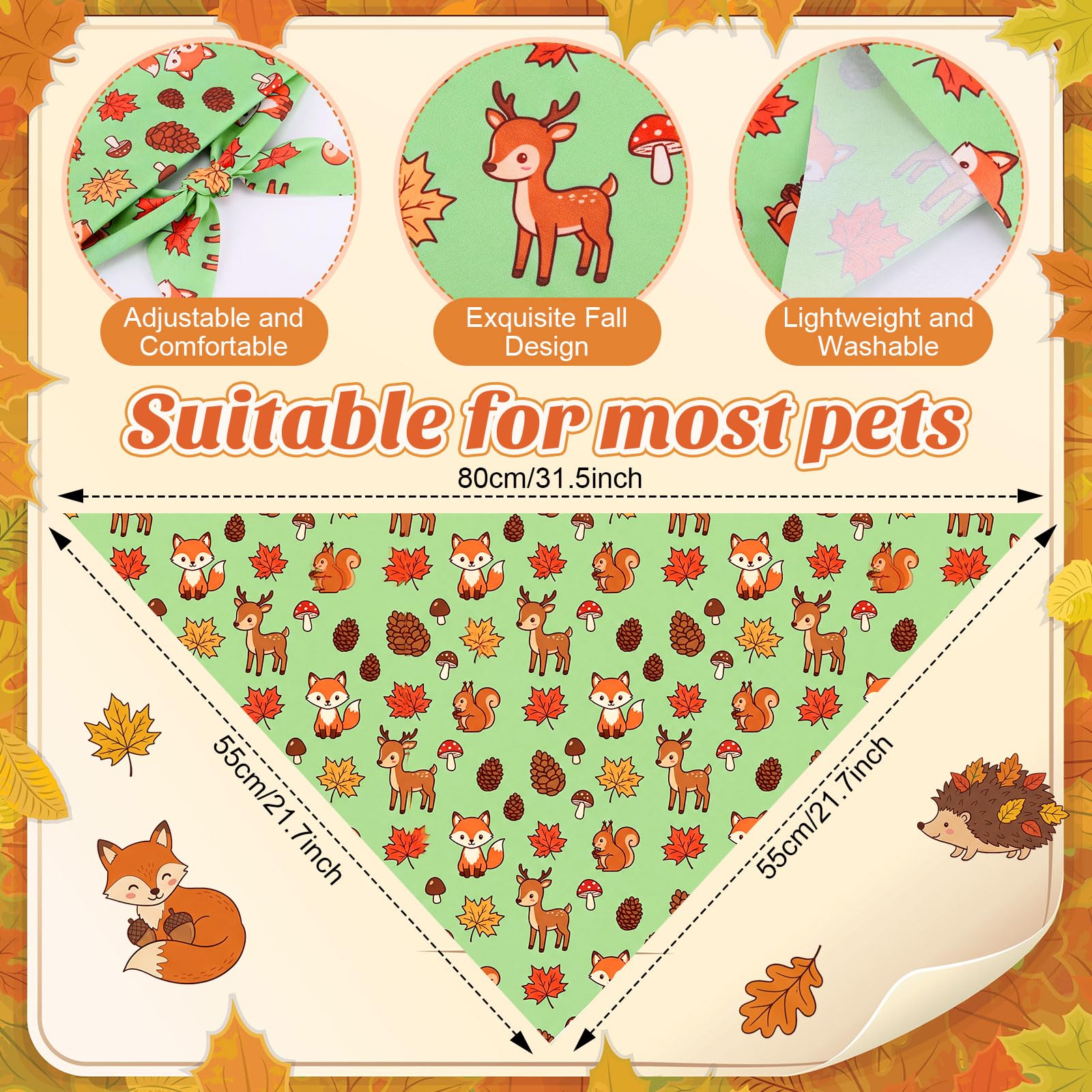 Abbylike Lot de 50 bandanas d'automne pour chien en vrac, feuille d'automne, citrouille, gland champignon | Ensemble de bavoirs triangulaires pour animaux de compagnie, accessoires photo, 25 styles, 80 x 55 x 55 cm