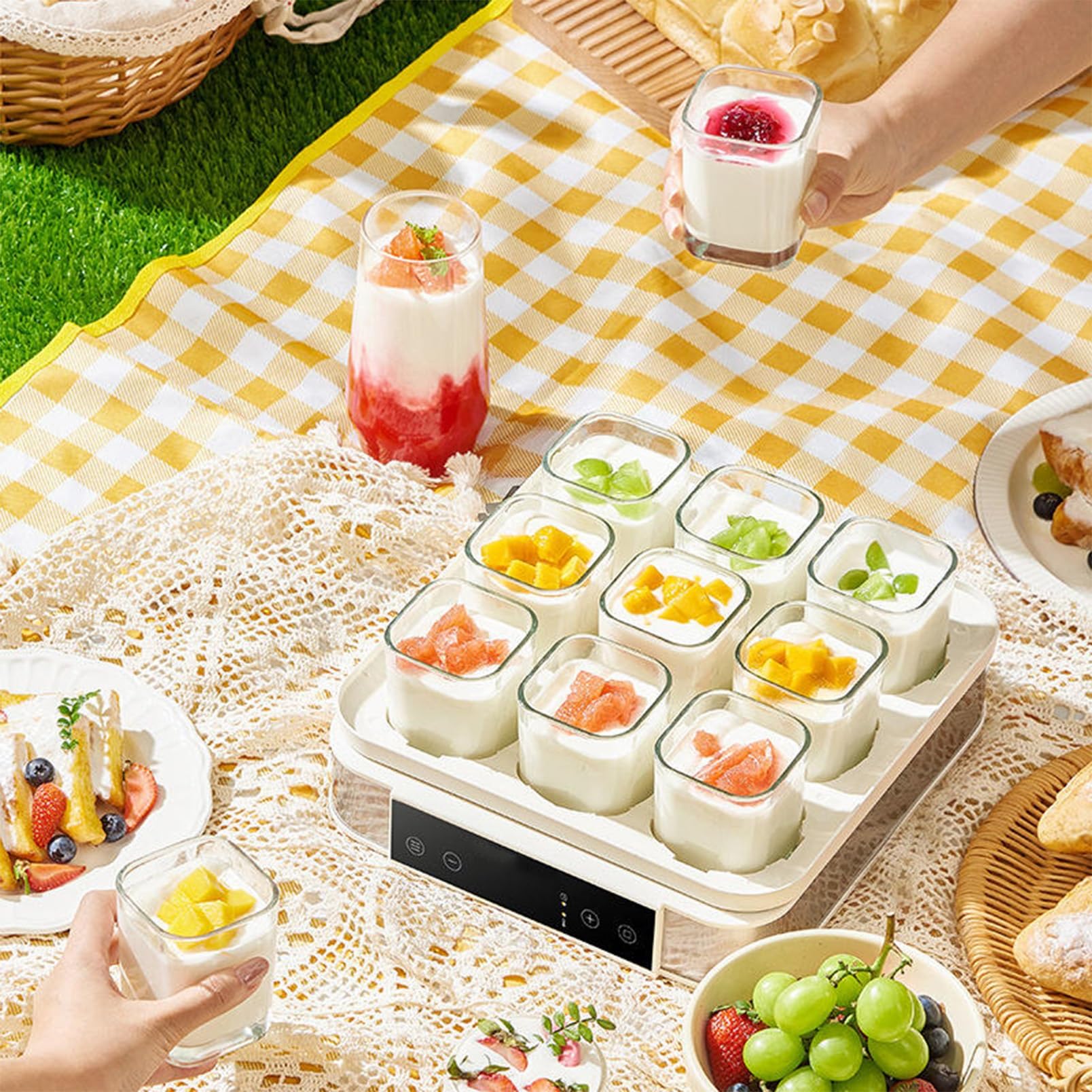 Yogurtiera Elettrica/Yogurtiera Automatica/Macchina per Yogurt Automatica con 9 Barattoli in Vetro, Display LED, Timer, Controllo Temperatura e Tempo per Yogurt Biologico Fatto in Casa