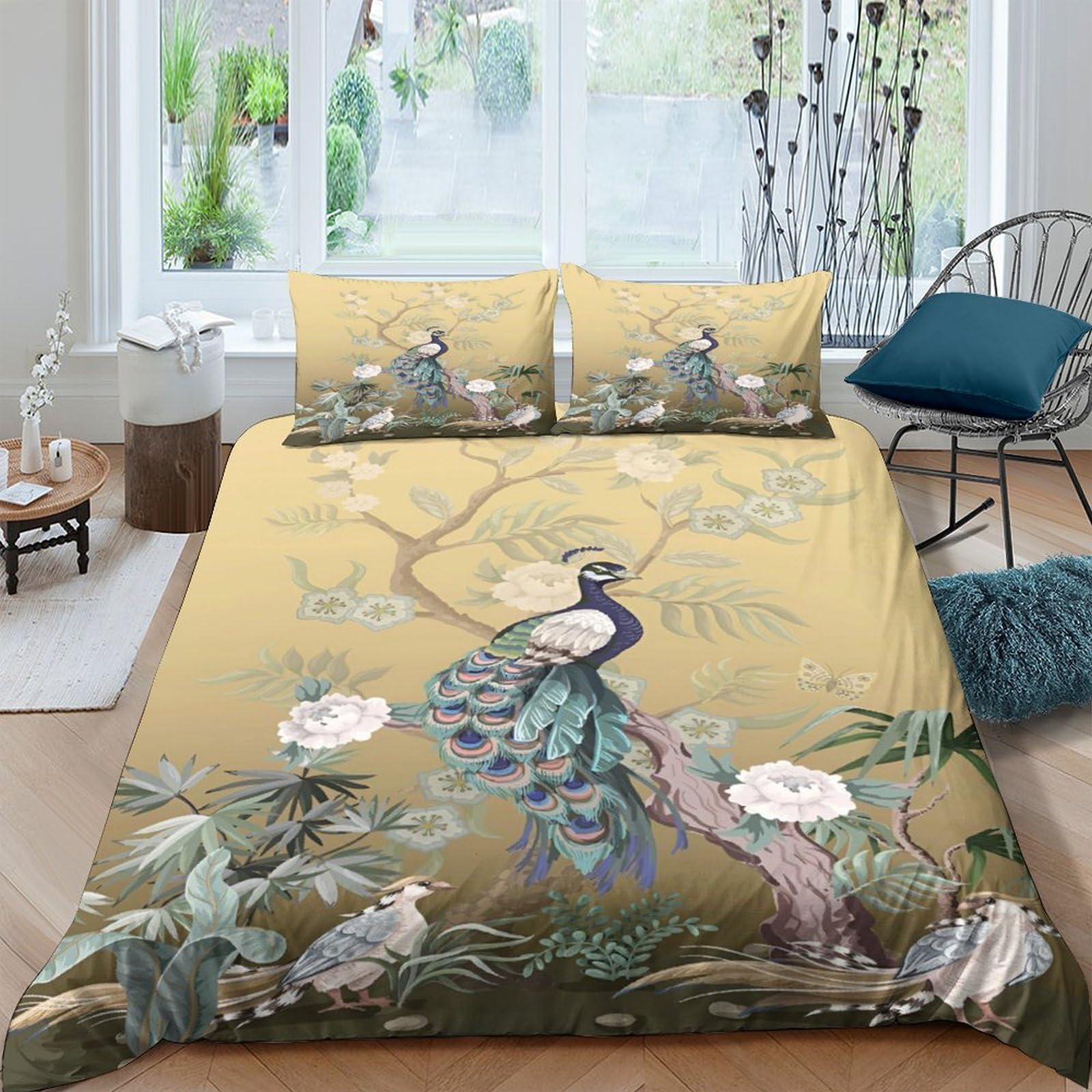 P5V6M1Q9 3D Printed Peacock Blossom Duvet Cover Microfiber Soft Breathable Oriental Garden Bedding Set with 2 Pillowcases for Bedroom Decor Single（135x200cm）