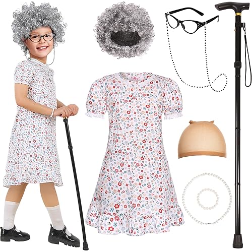 Old Lady Costume for Kids Girls 100 Days of School Costume with Accessories, Halloween Party Dress Up