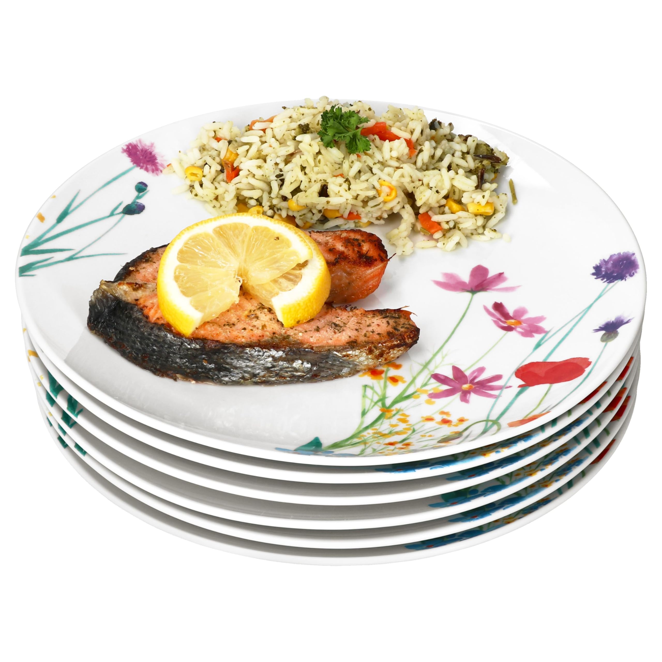 MamboCat Marie Lot de 6 assiettes plates, diamètre 26,7 cm, porcelaine, décor prairie florale, pour 6 personnes, grandes assiettes repas principaux barbecues