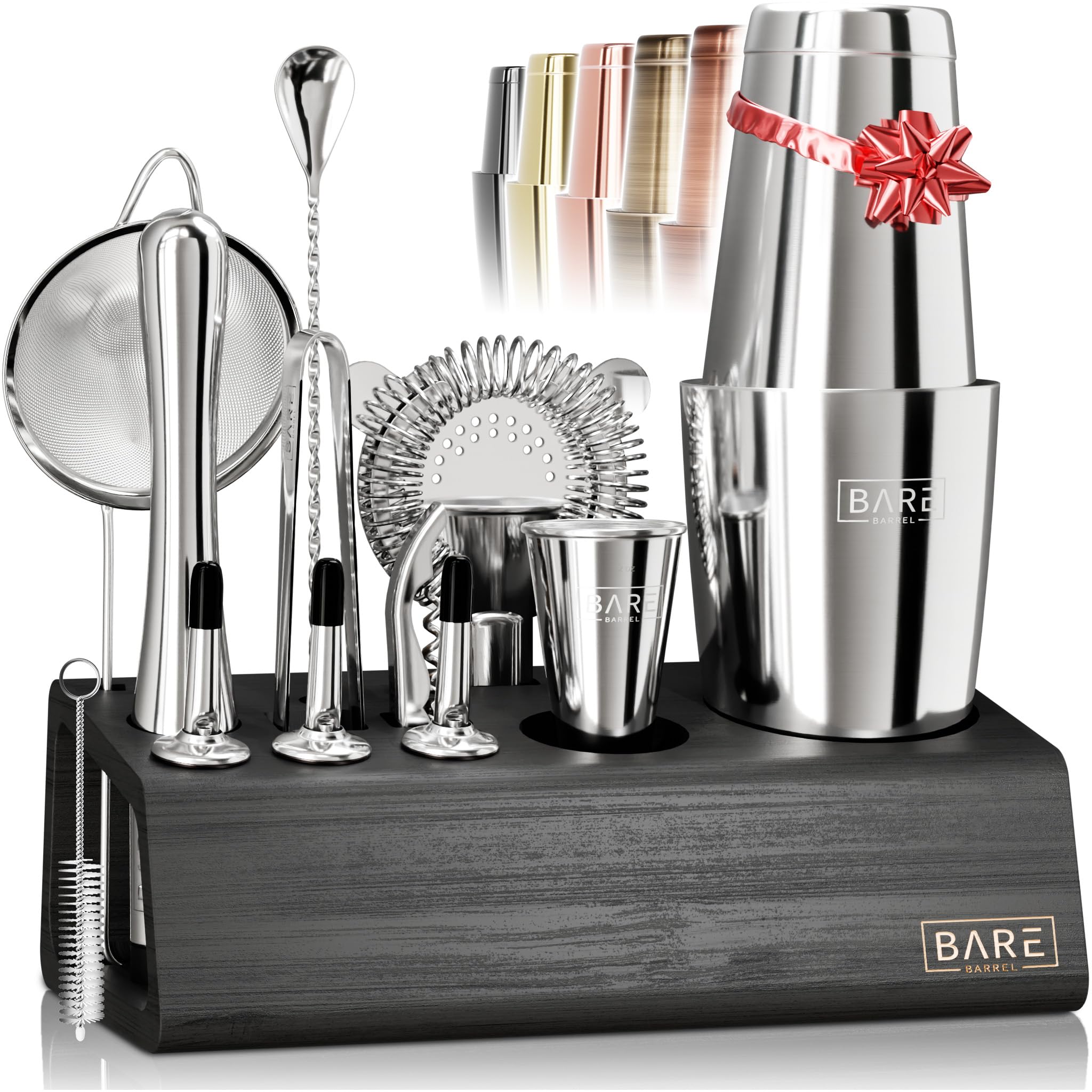 BARE BARREL® Mixology Bartender Kit Bar Set | 14-Piece Cocktail Shaker Set | Martini Barware Mixing Tools for Home Bartending | Incl. 35 Recipe Cards | Gift Set (28oz Boston Shaker, Silver/Black)
