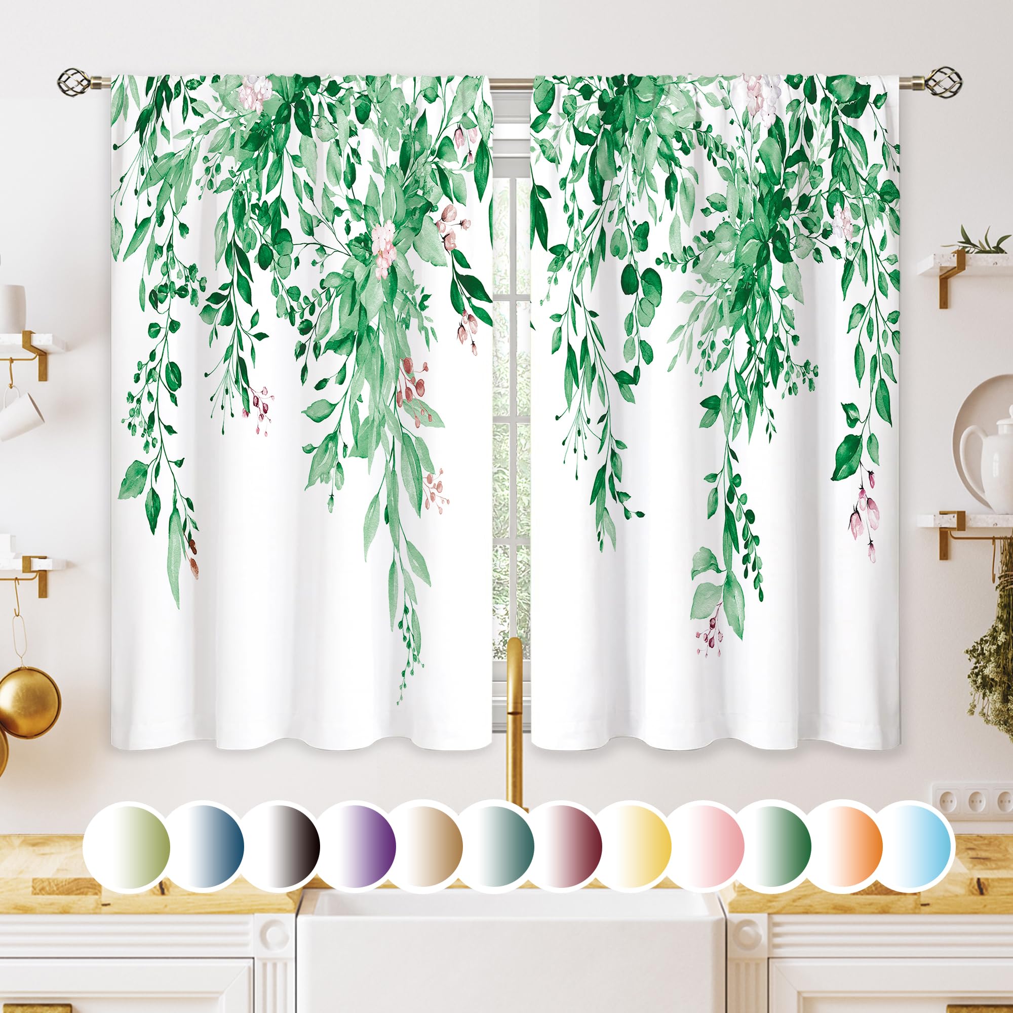 oolygoo Emerald Teal Eucalyptus Botanical Leaves Floral Kitchen Window Curtains Over Sink Farmhouse Flower Spring Small Treatment Cafe Short Curtains for Bathroom Treatment Tier Drapes 27.5x39 inch — image 1